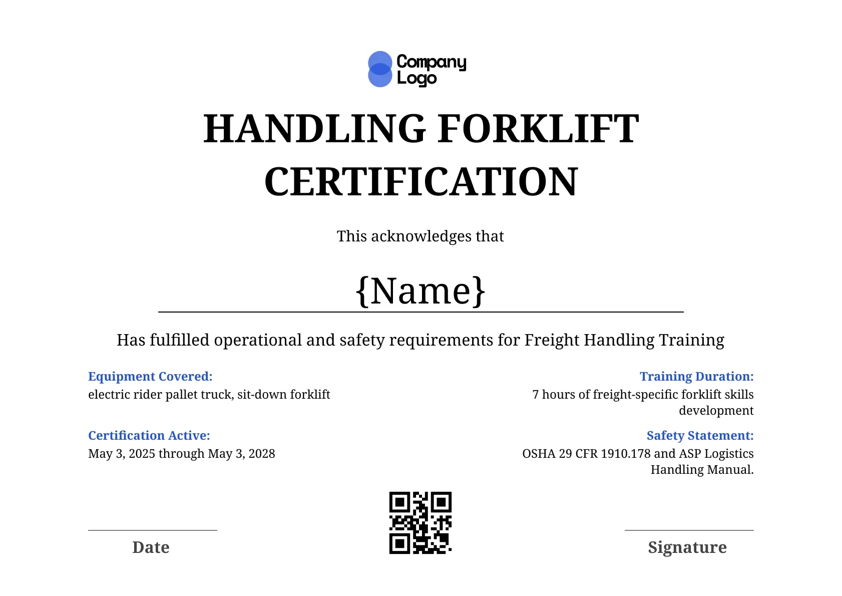 Clean forklift certificate template