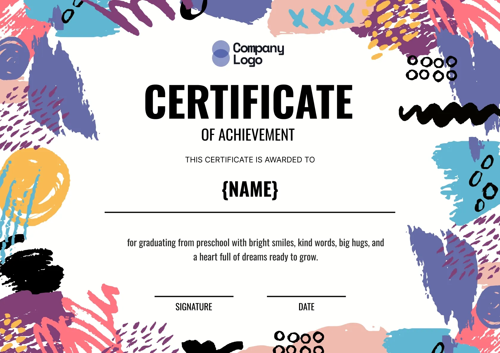 Colorful and abstract preschool graduation certificate template