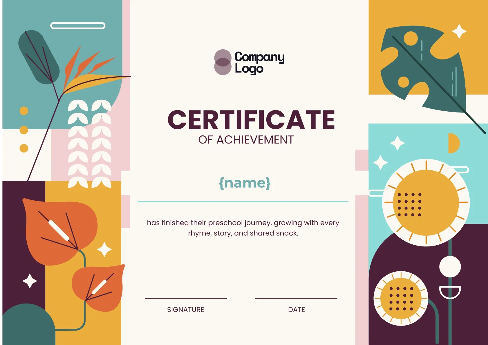 Colorful and animated preschool graduation certificate template