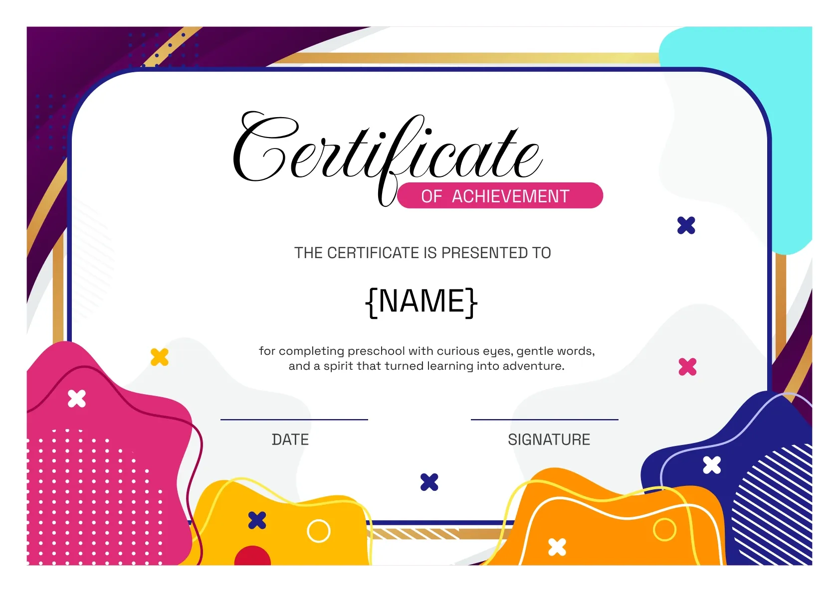 Colorful and bright preschool achievement certificate template