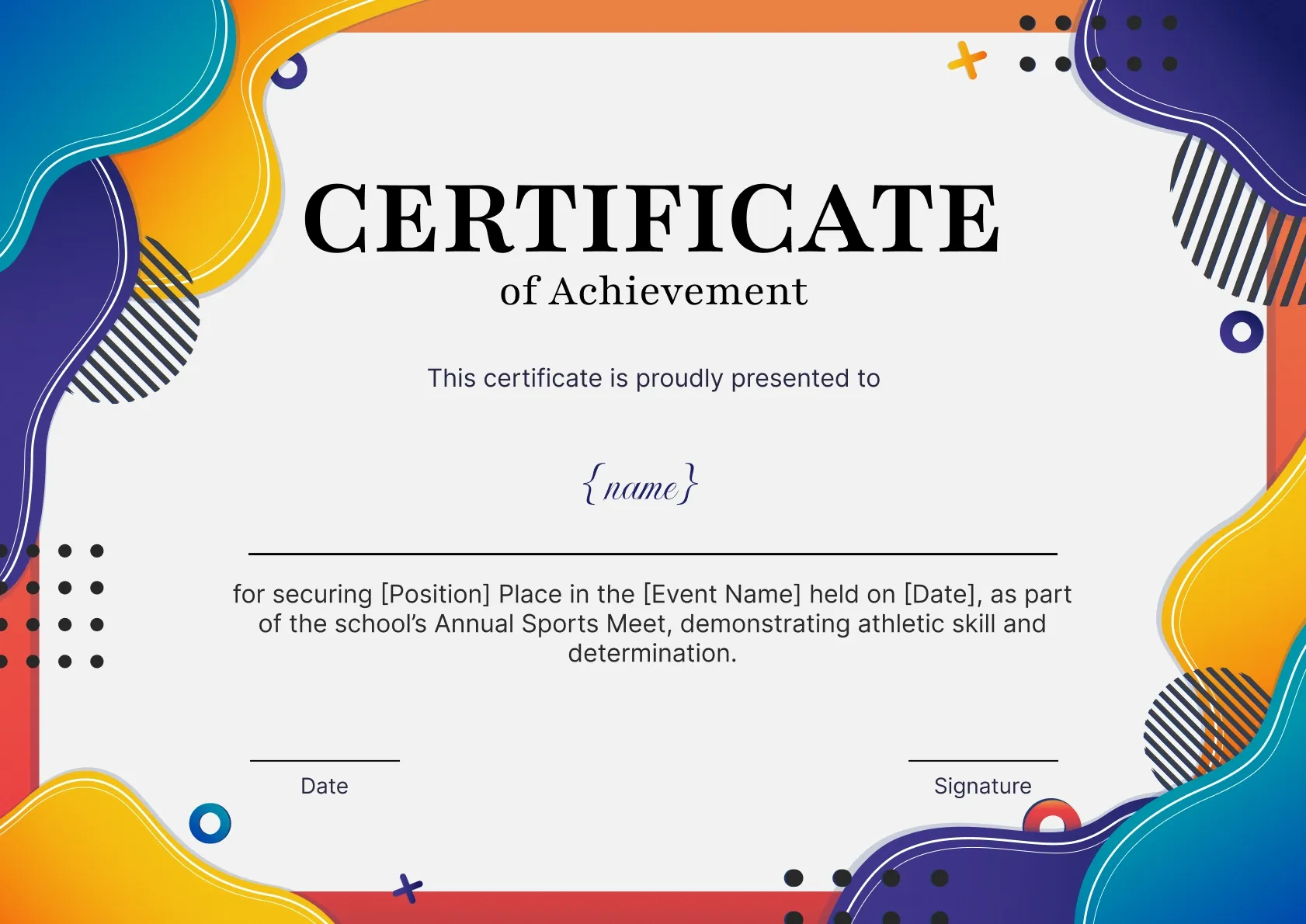 Colorful and vibrant certificate of achievement template for school sports