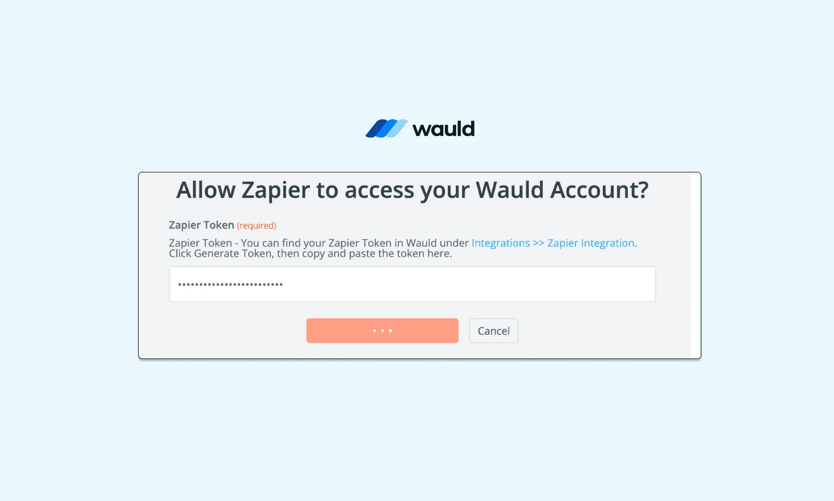 Zapier account connection screen with a field to enter the Wauld API access token