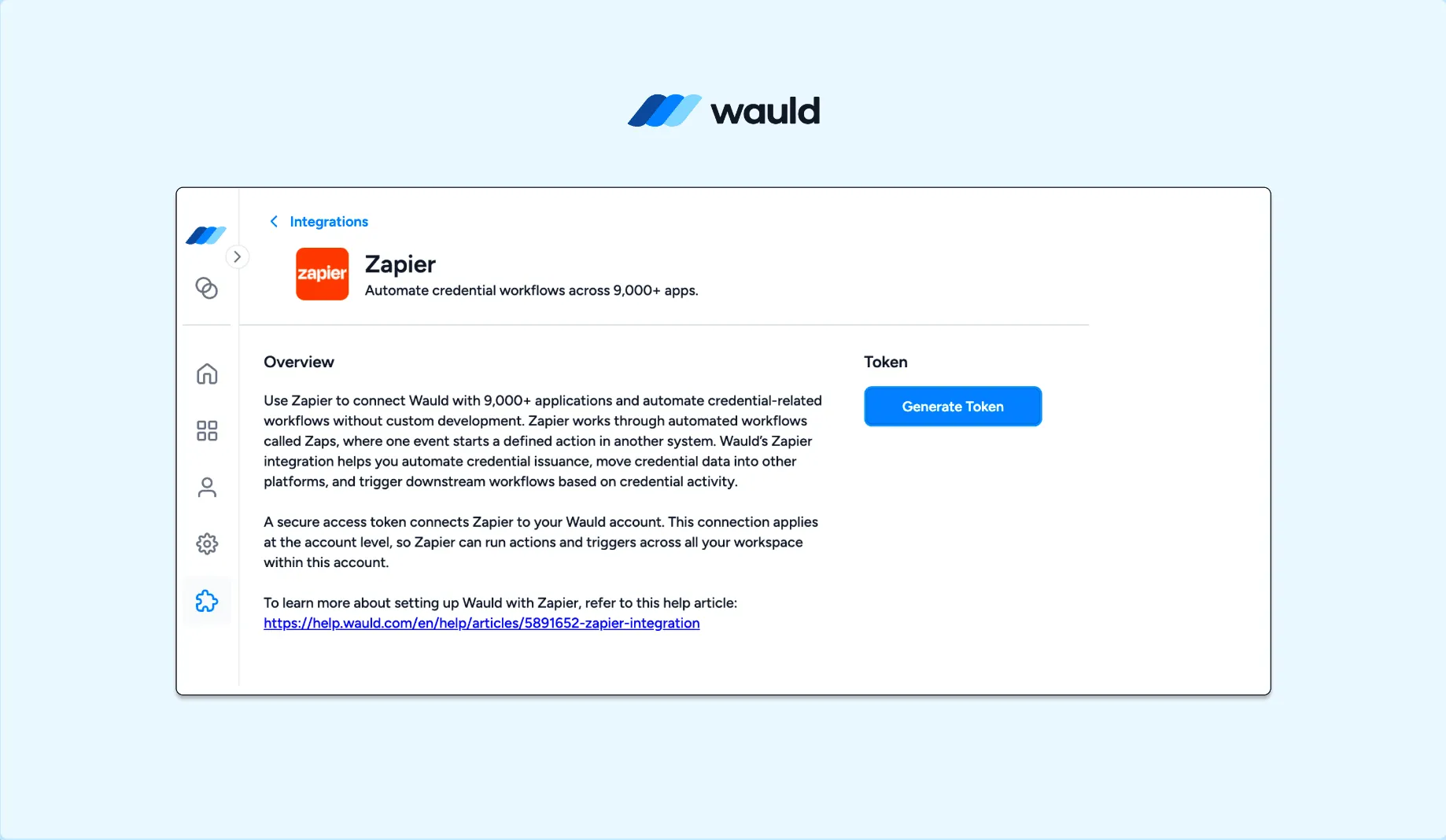 The Zapier integration screen in Wauld, where an access token connects the two accounts