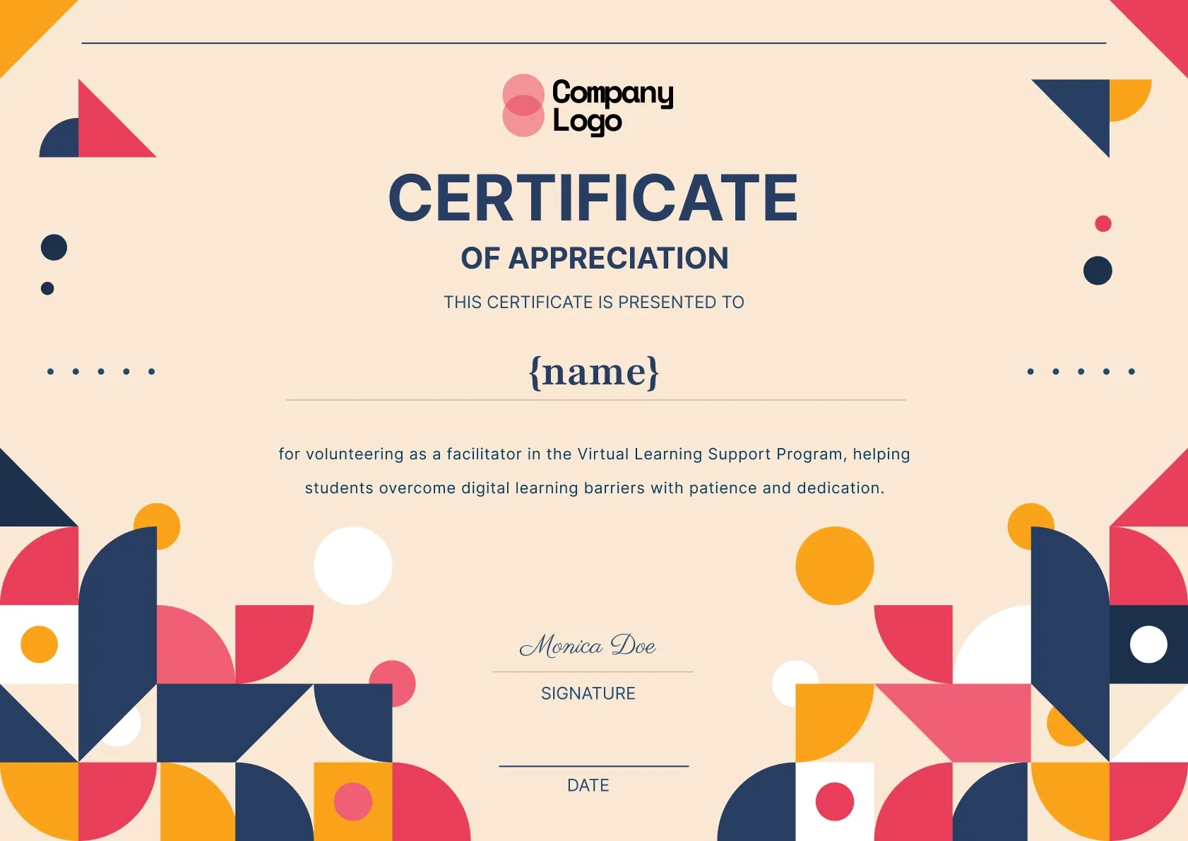 Contemporary and professional volunteer appreciation certificate template