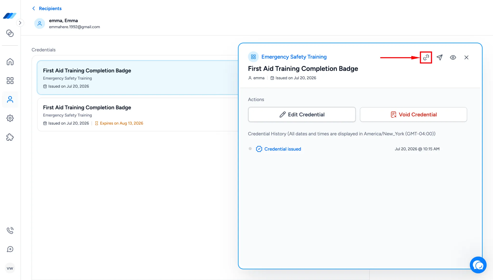 Copy credential link button highlighted in the Credential Audit Log modal