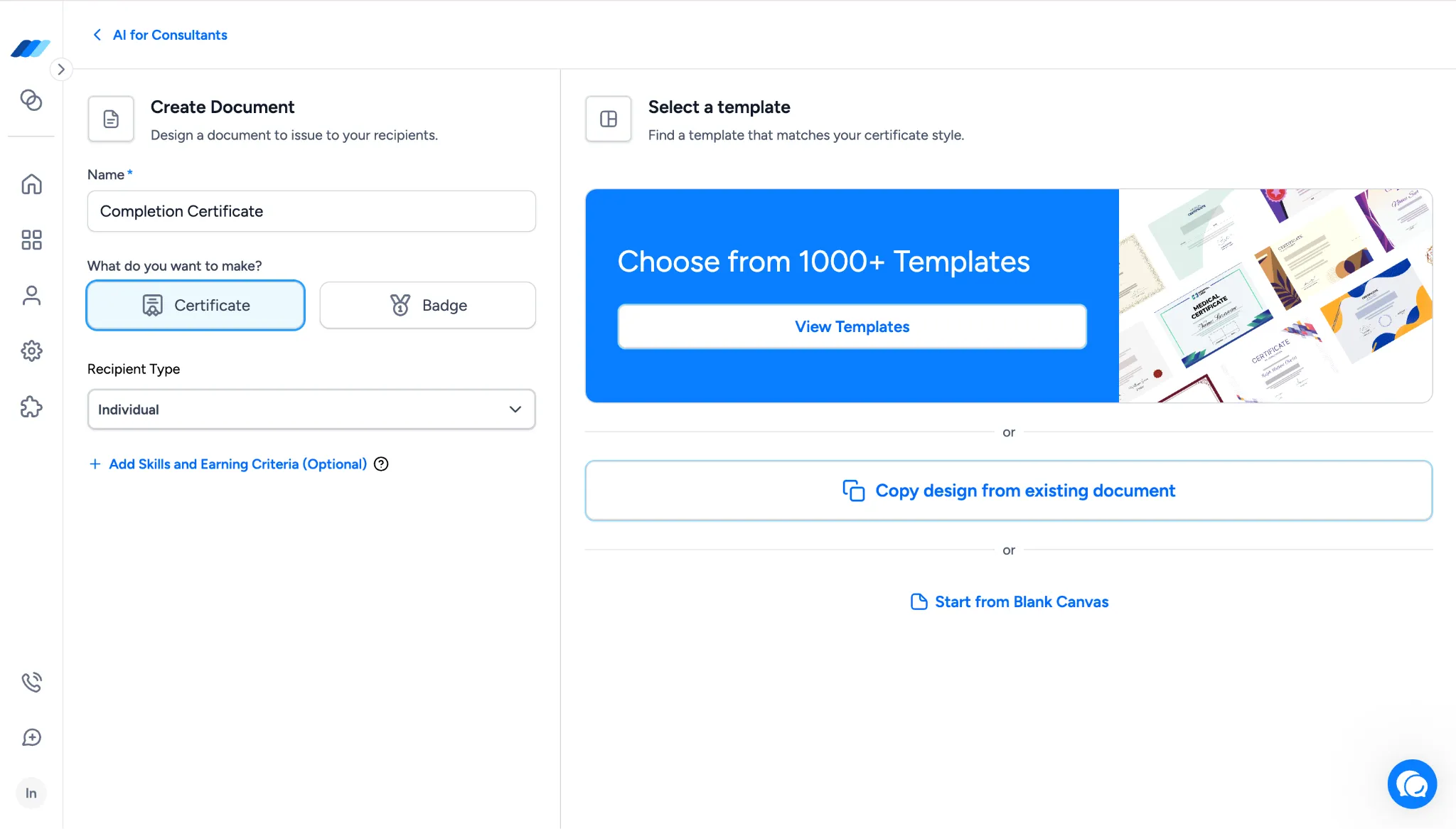 Copy design from existing document option in the Create Document flow