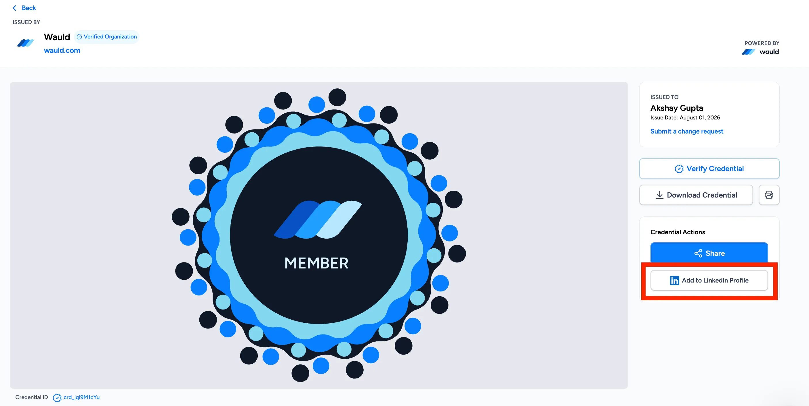 A Wauld credential page for a Verified Wauld Member badge, with the Add to LinkedIn Profile button highlighted in the Credential Actions panel