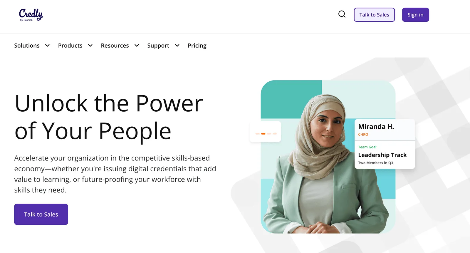 The Credly by Pearson homepage, showing a workforce skills and leadership profile