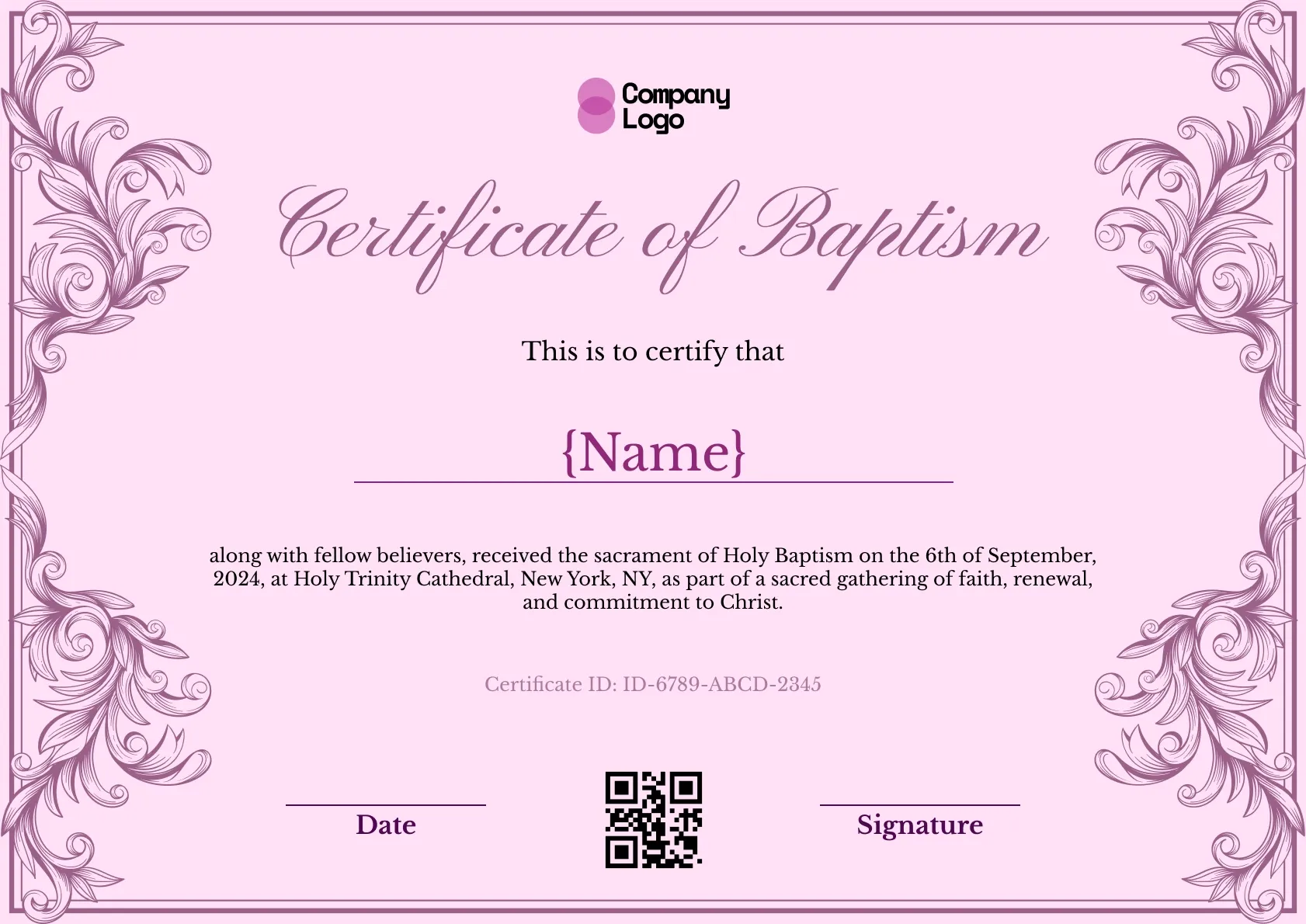 Soft-pink certificate of baptism with detailed mauve leaf-and-scroll borders and a script title.