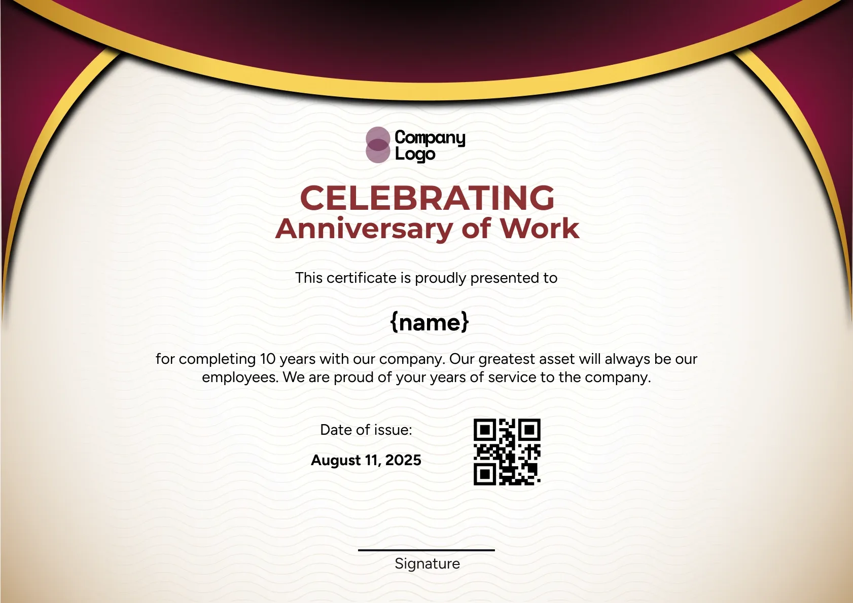Distinguished Work Anniversary Certificate Template