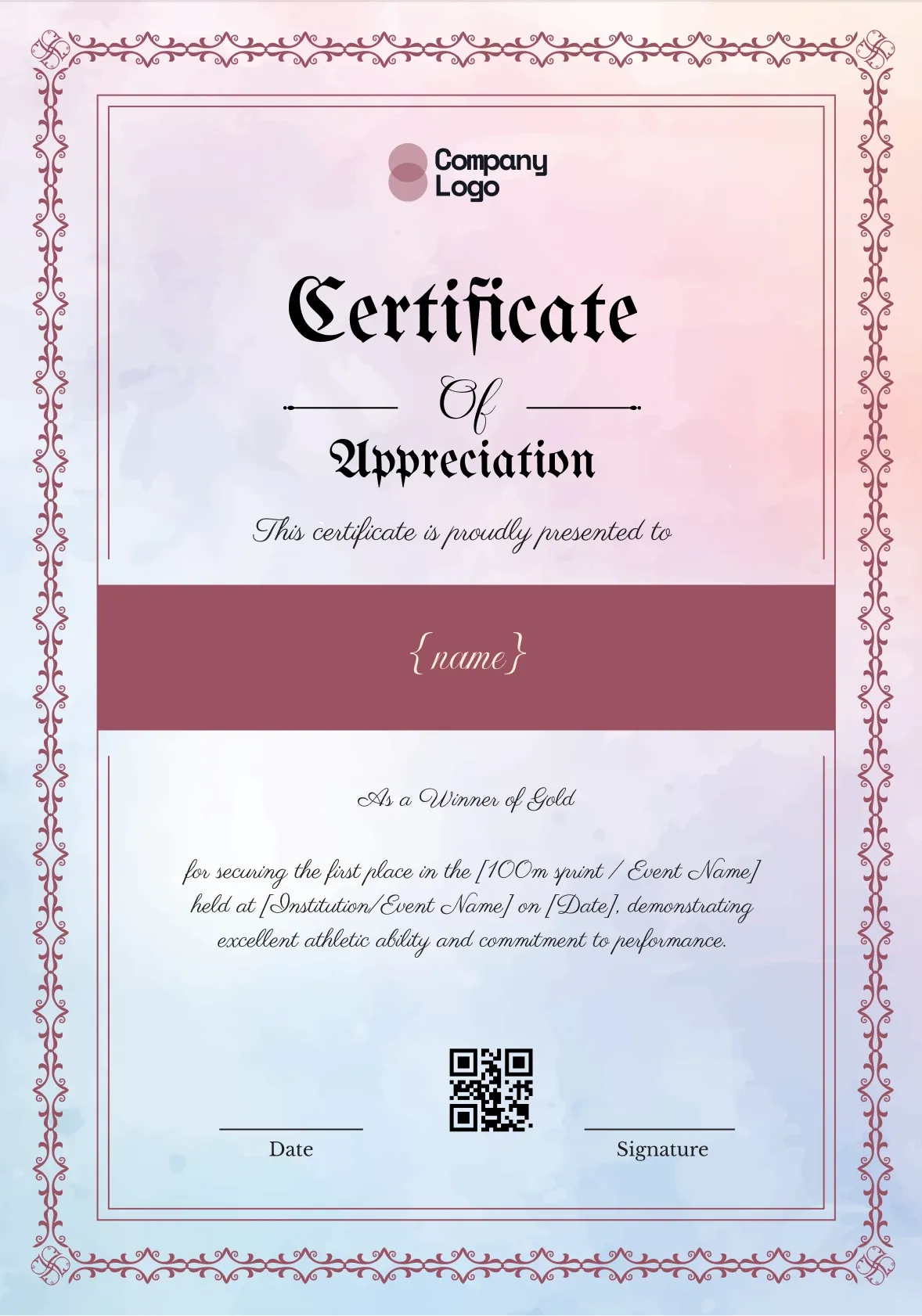 Elegant and Bold certificate of appreciation for sporting events