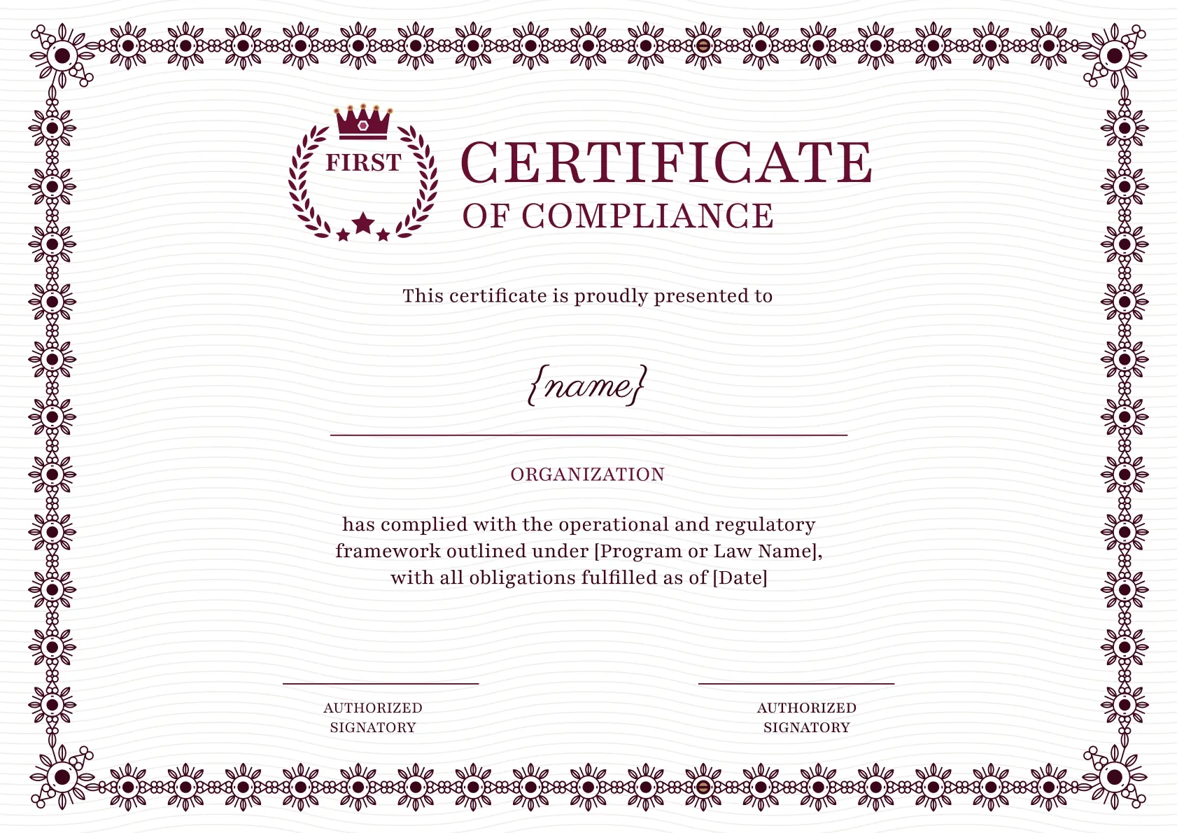 Elegant certificate of compliance with floral touch