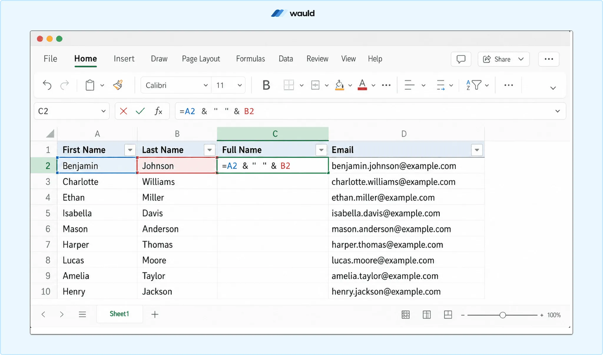 Screenshot of an Excel worksheet demonstrating the ampersand (&) operator to combine first and last names into a full name column. The formula =A2 & " " & B2 is entered in the selected cell, with the Wauld logo centered at the top of the image.