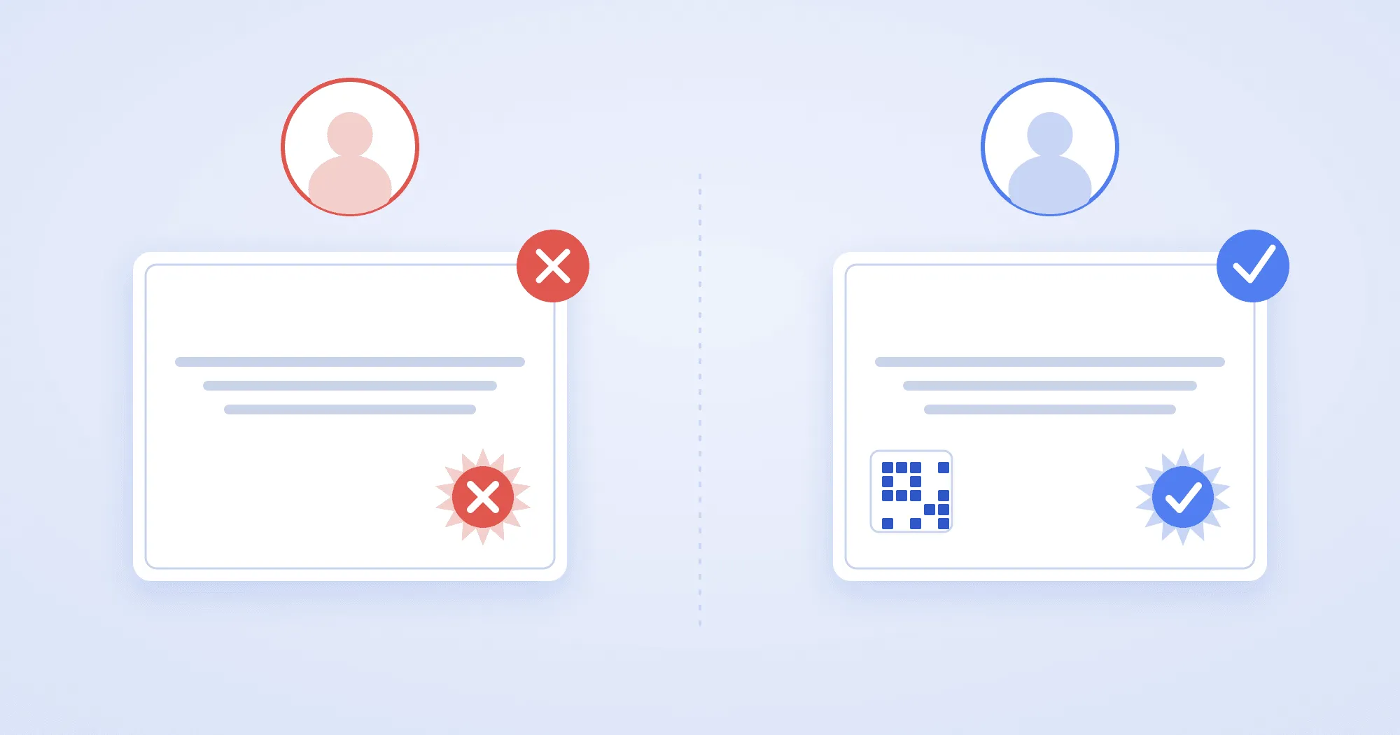 Side by side comparison of student A with a forged, rejected certificate and student B with a verified digital credential carrying a QR code and a check mark