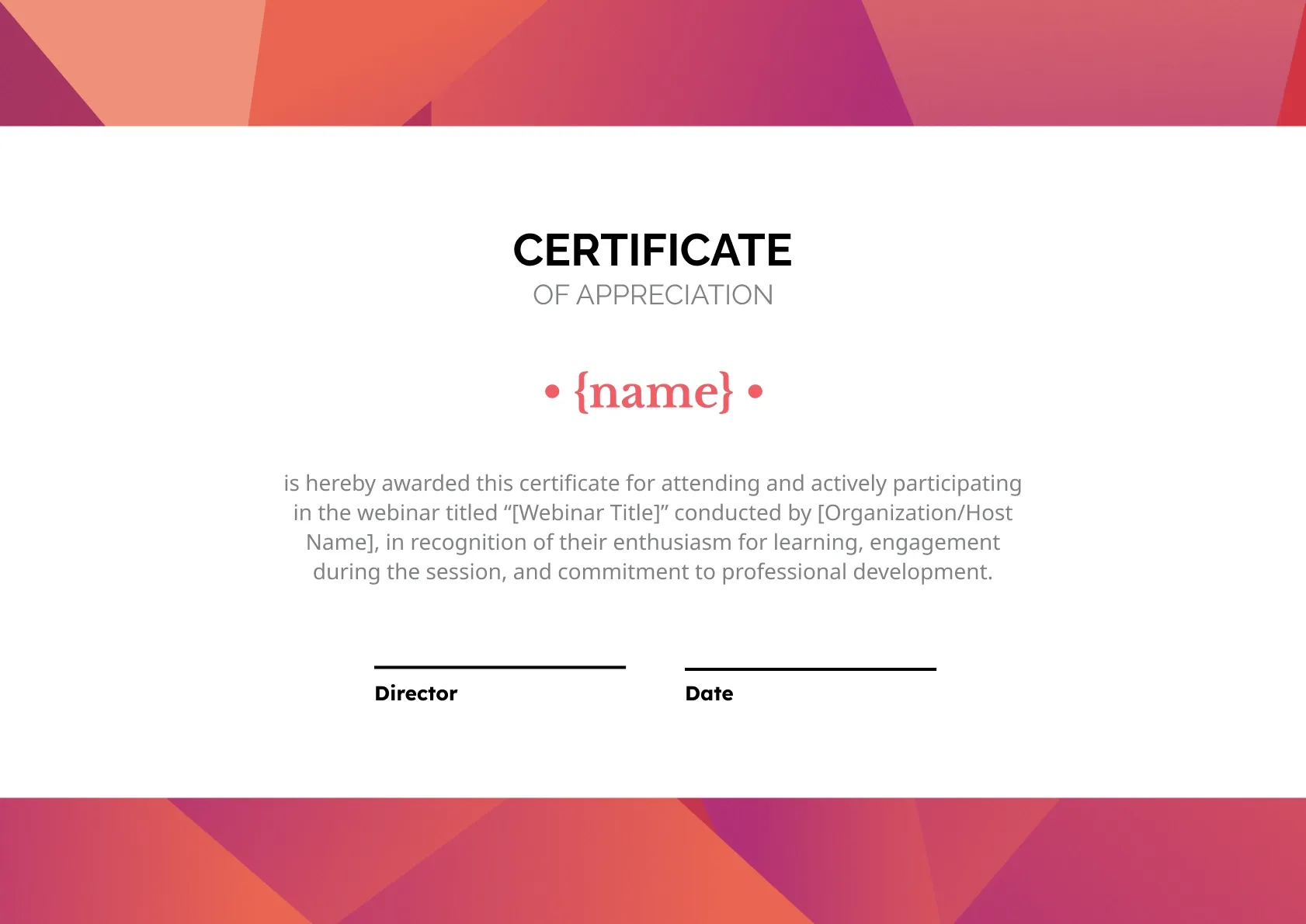 Formal and modern certificate of appreciation for webinar participation