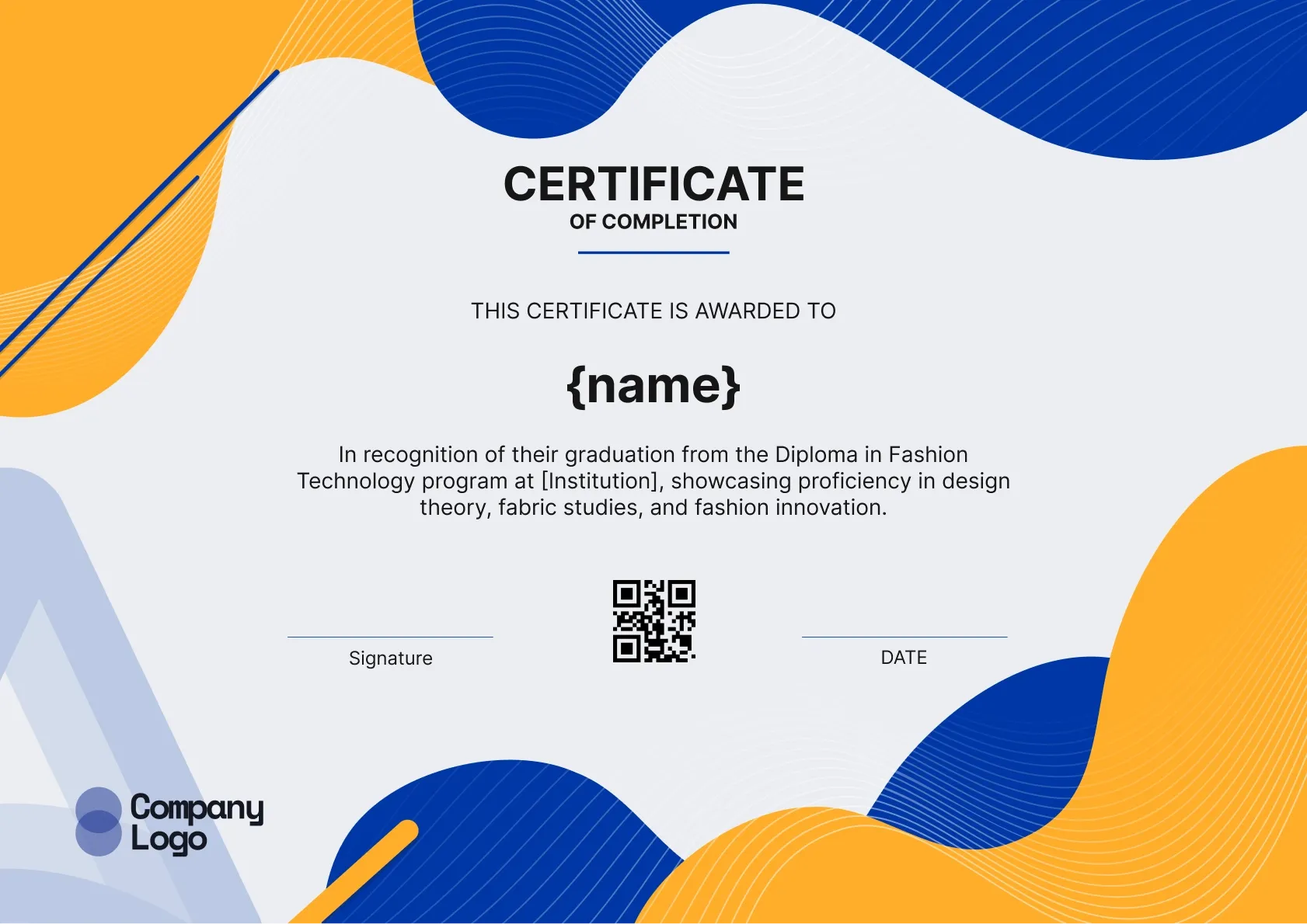 Formal and standard certificate of completion for fashion course