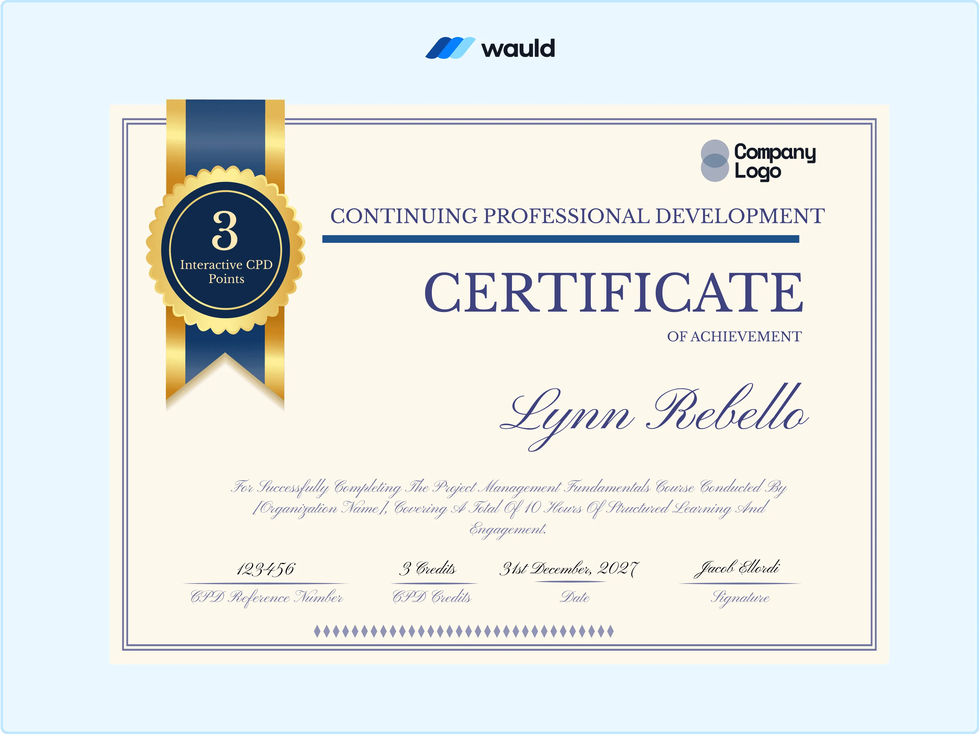 Wauld - Formal recognition certificate template