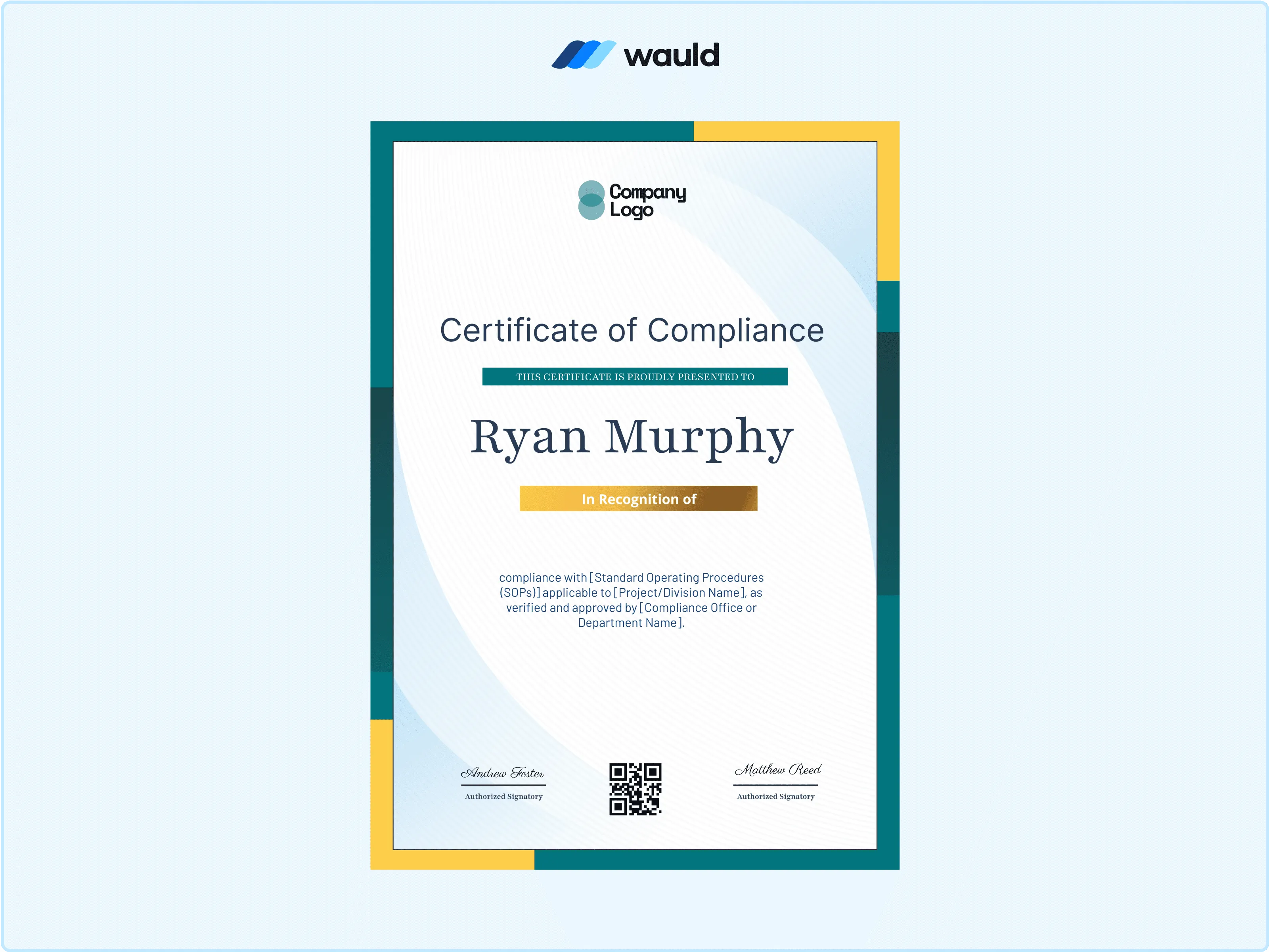 Wauld - Formal certificate in portrait format