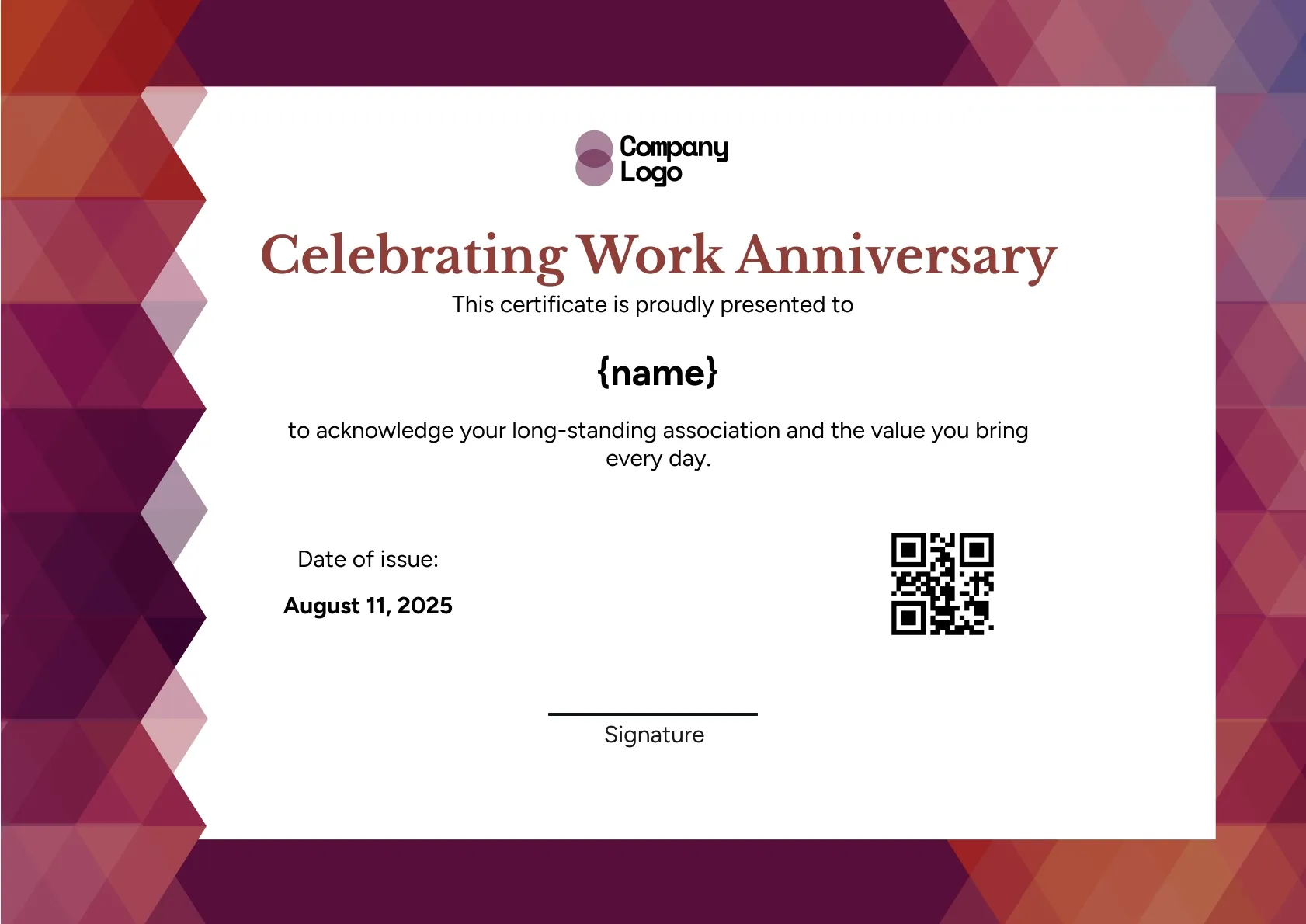 Formal Years of Service Appreciation Certificate