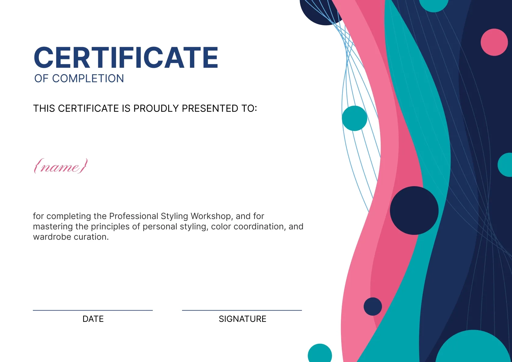 Fresh and dynamic styling workshop certificate template