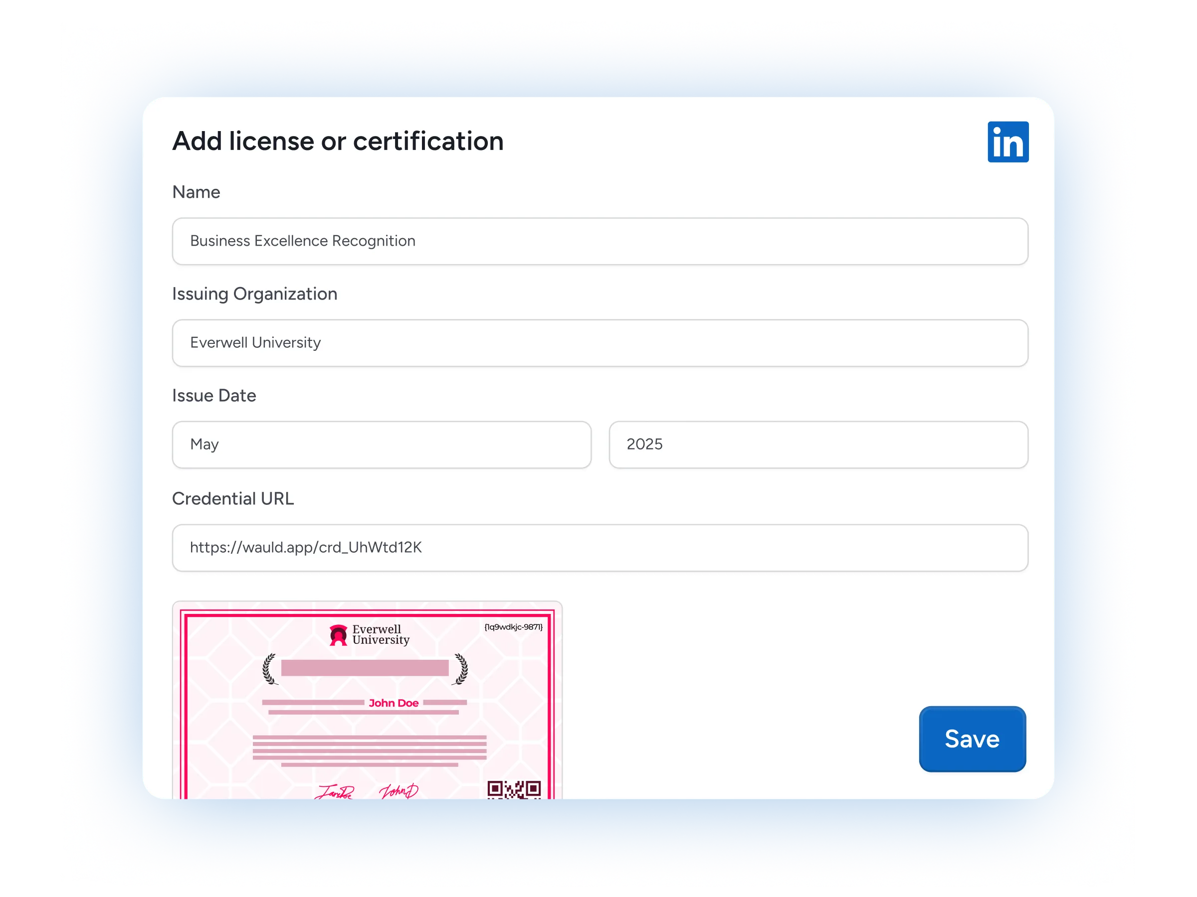 LinkedIn add license or certification form