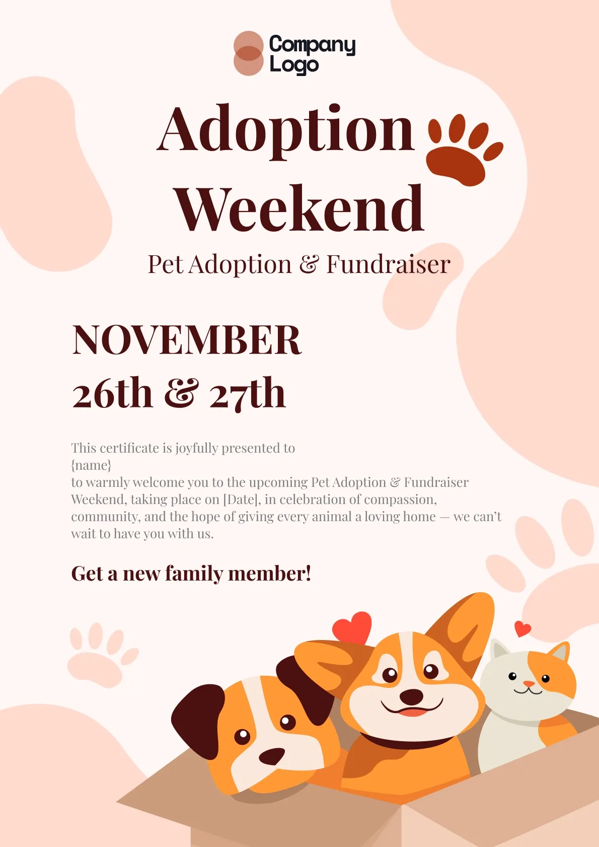Fun and animated certificate for pet adoption invitation