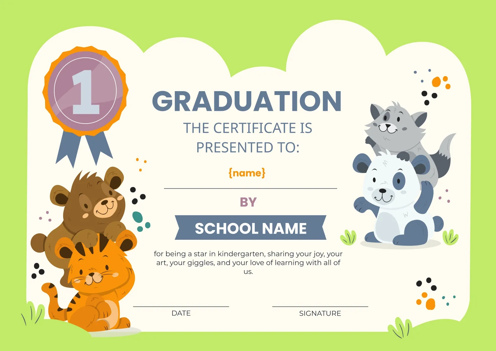 Fun and animated kindergarten graduation certificate template