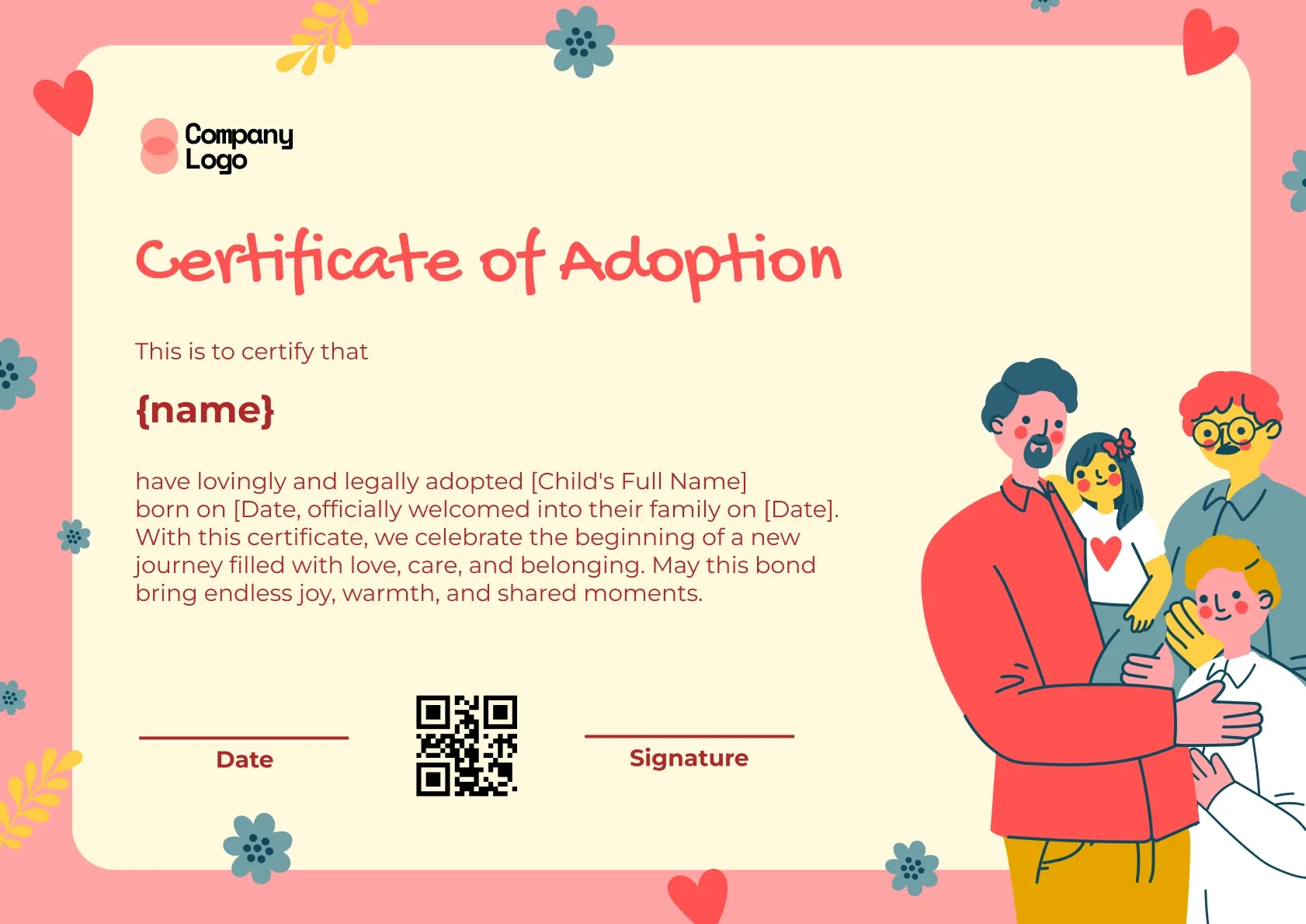 Gentle Family Adoption Certificate Template