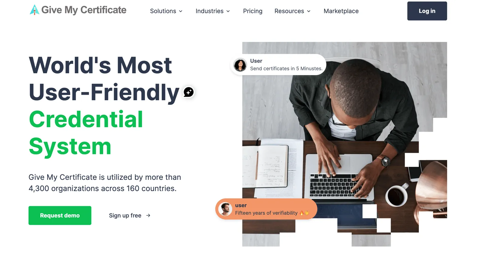 The Give My Certificate homepage, describing a user-friendly credential system
