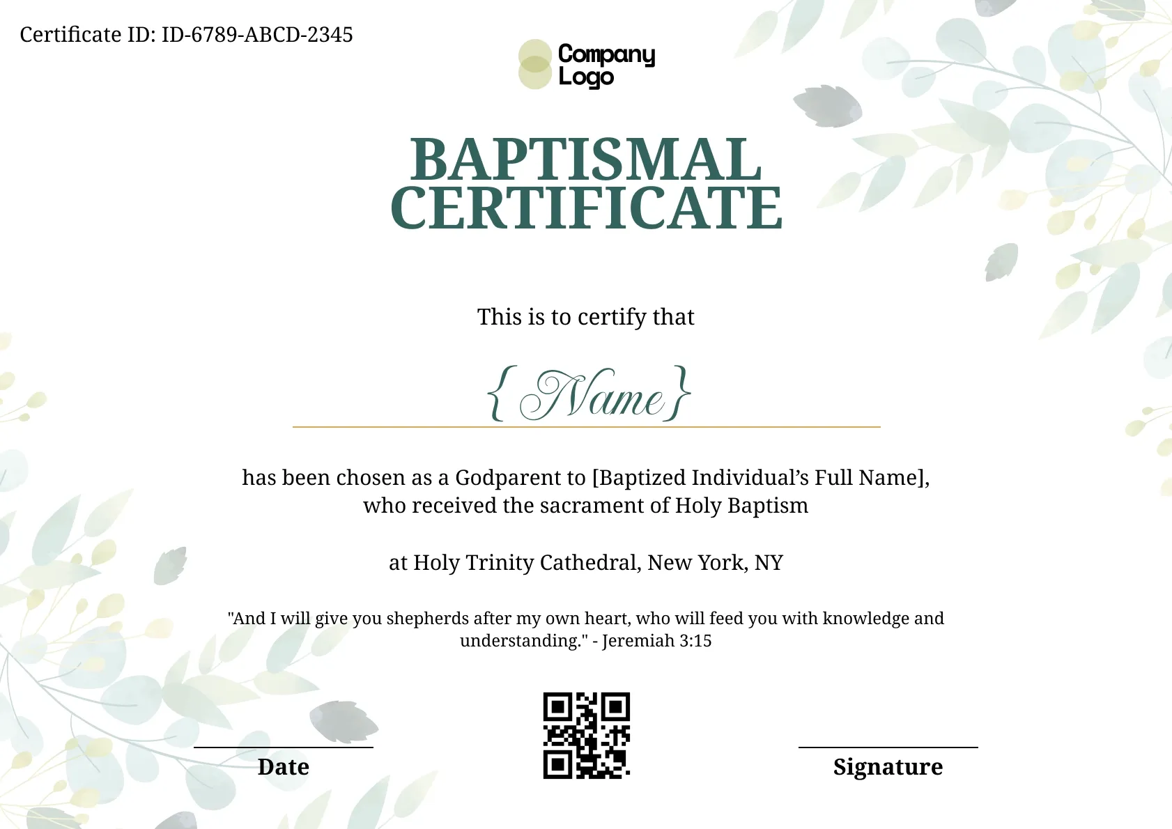 Green godparent certificate with scattered watercolor eucalyptus on an open, borderless layout.
