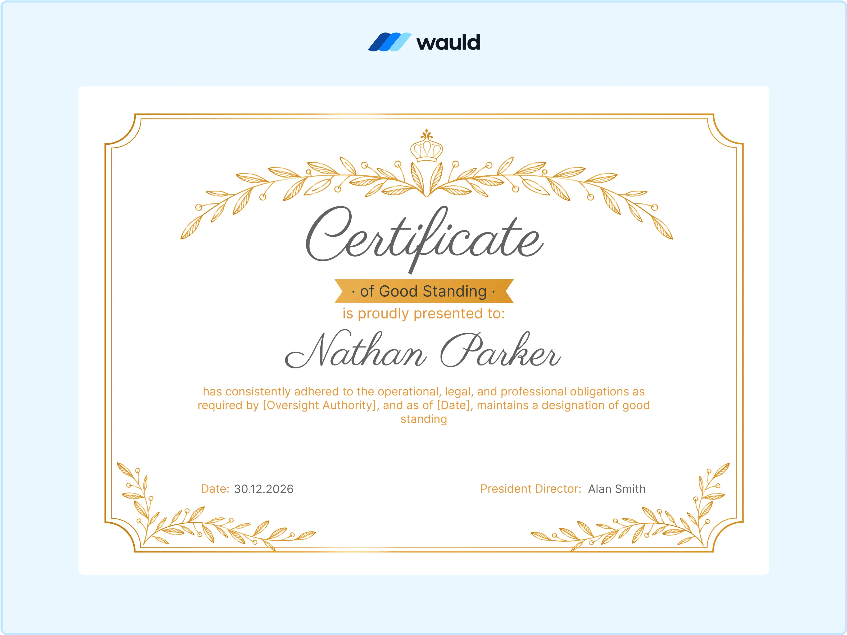 Wauld - Golden certificate of good standing template