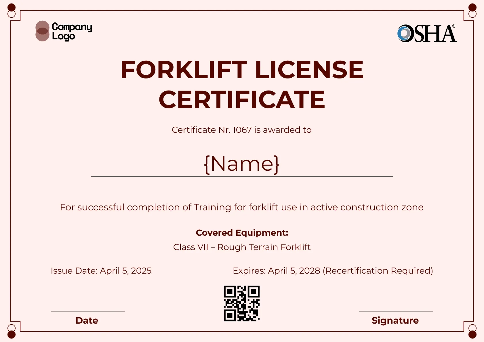 Graceful forklift certificate template