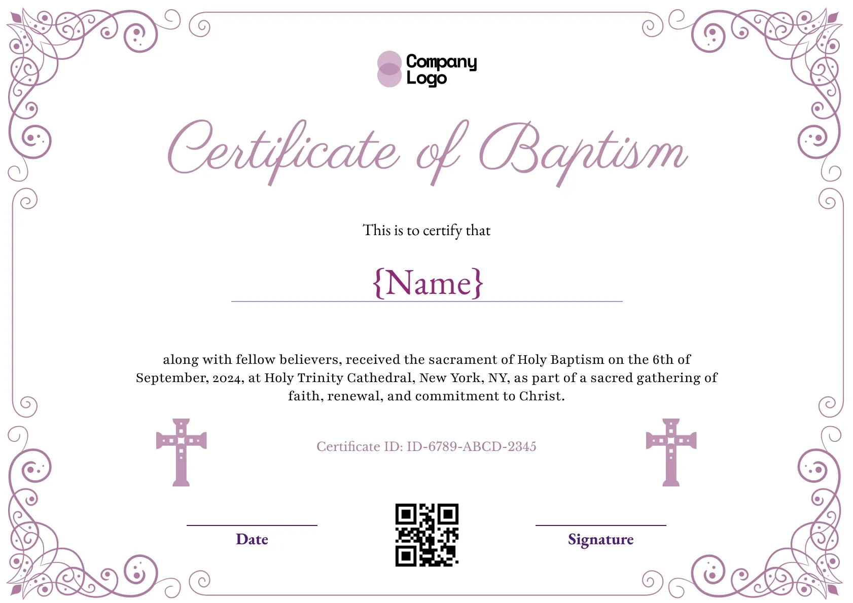 Dusty-rose certificate of baptism with fine swirling filigree and a pair of small crosses.