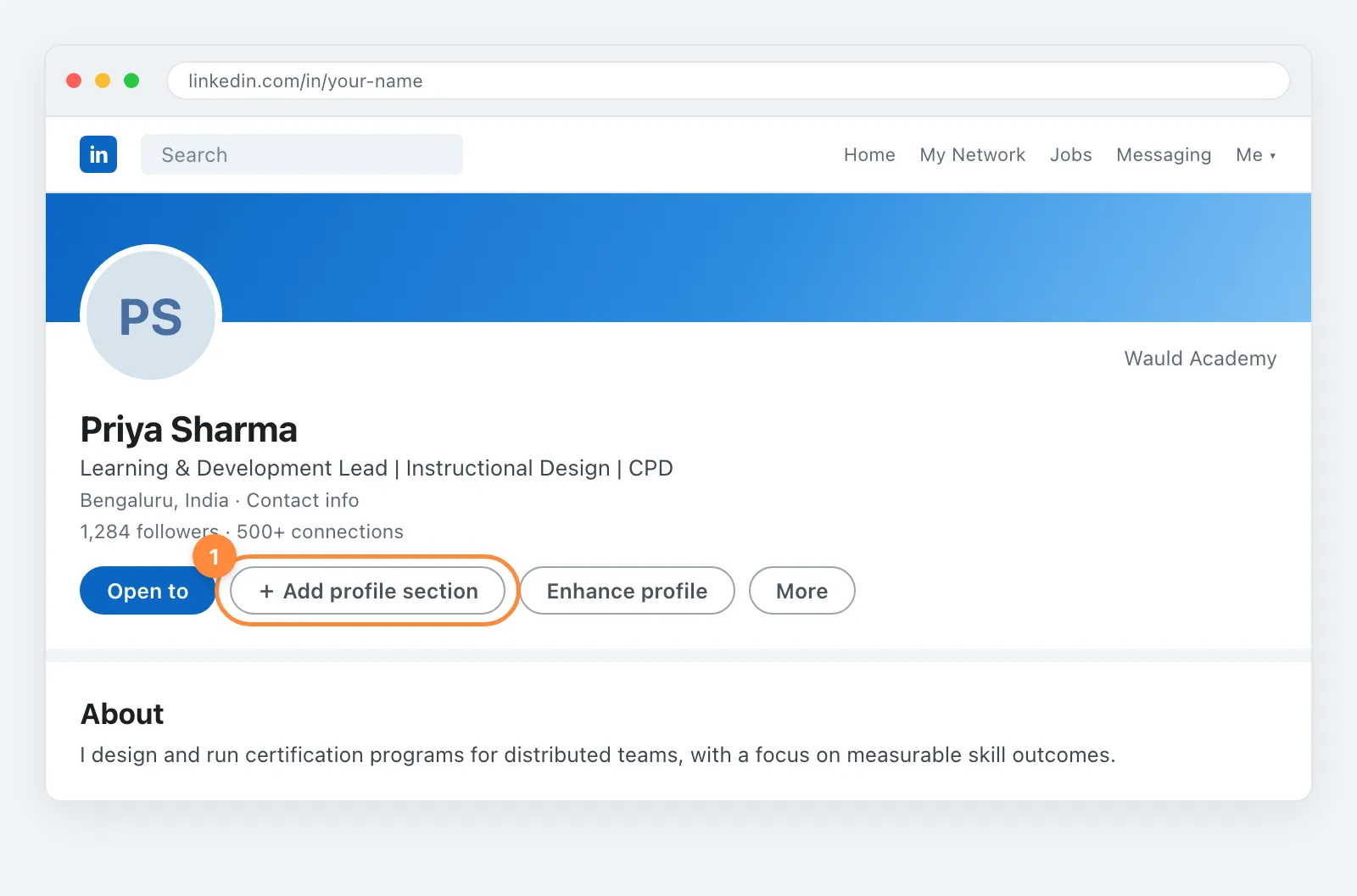 LinkedIn profile page with the Add profile section button highlighted below the headline