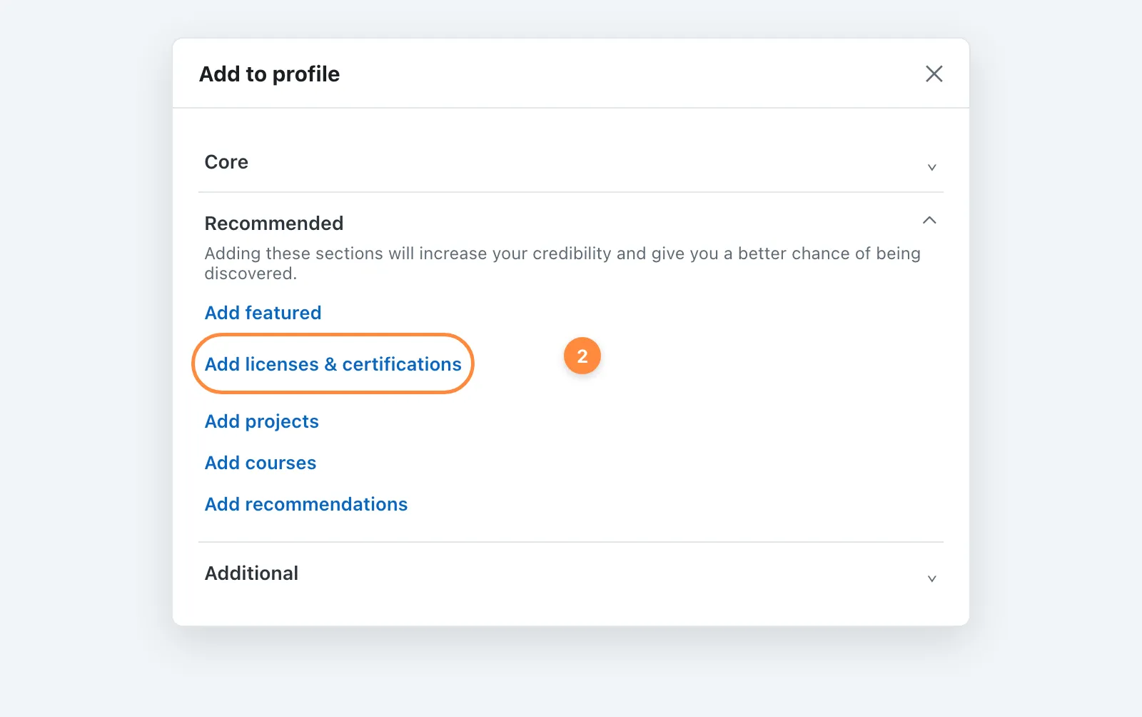 LinkedIn Add to profile panel with Add licenses and certifications highlighted under the Recommended group