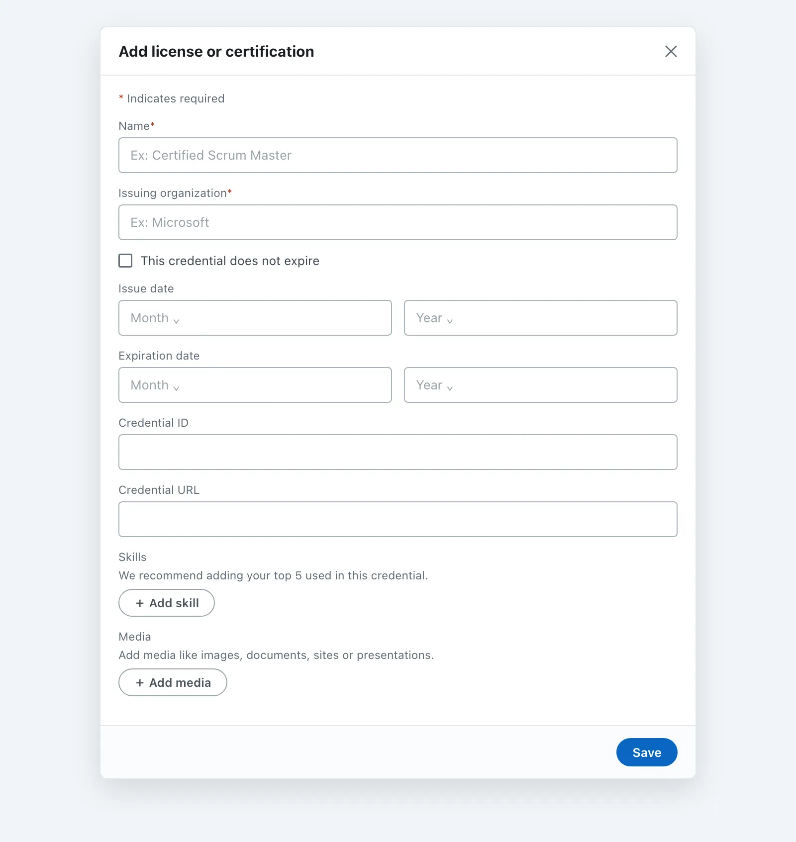 The blank LinkedIn Add license or certification form showing Name, Issuing organization, dates, credential ID, credential URL, skills and media fields