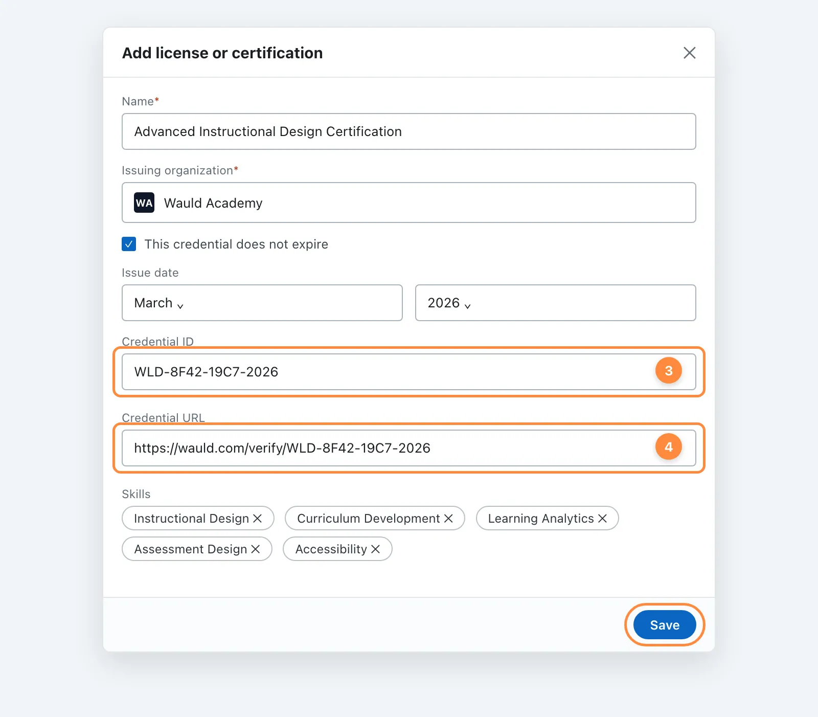 LinkedIn certification form filled in with a credential ID, a credential URL pointing to a verification page, and five skills