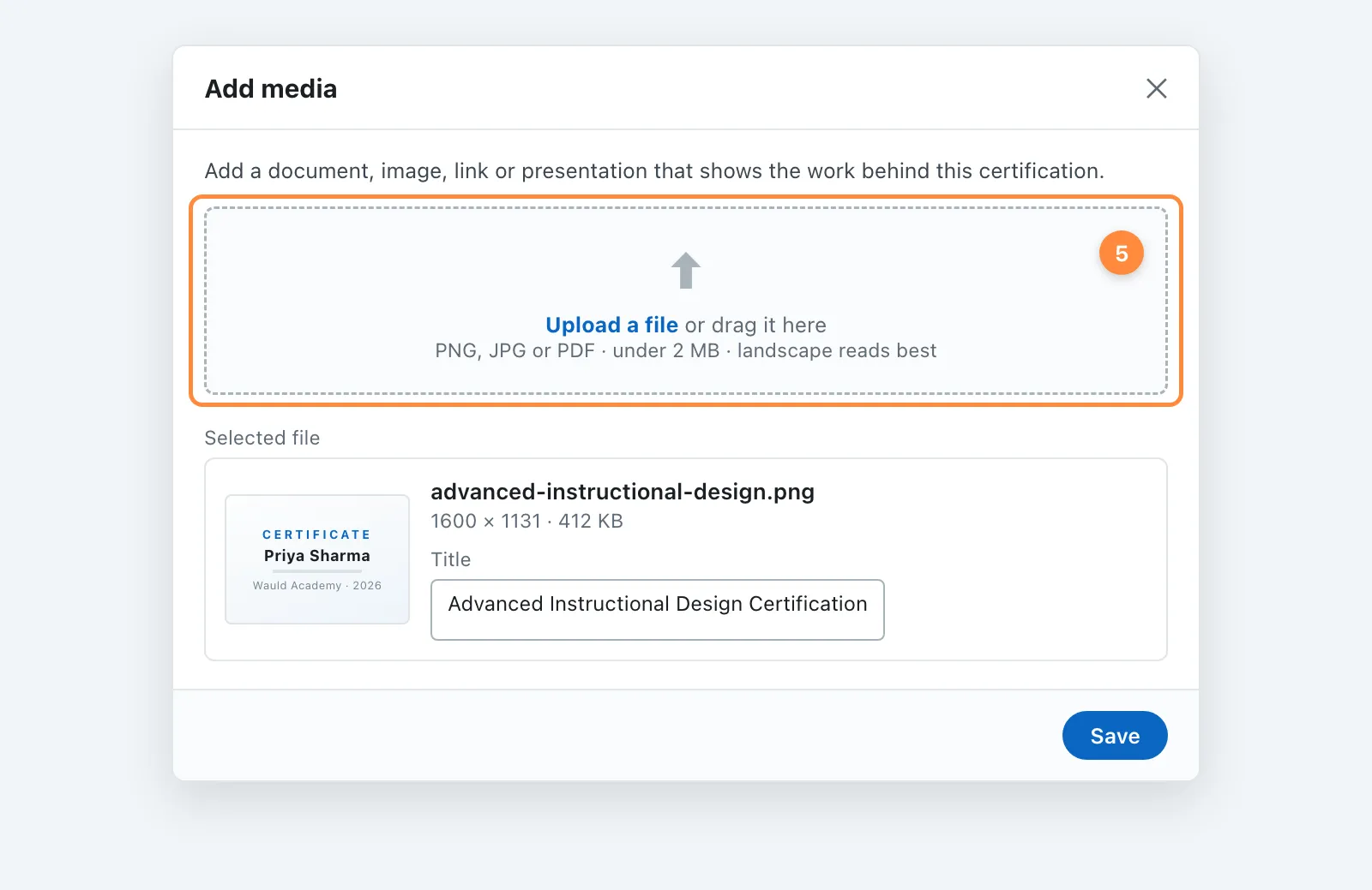 LinkedIn Add media dialog with a certificate image uploaded and titled