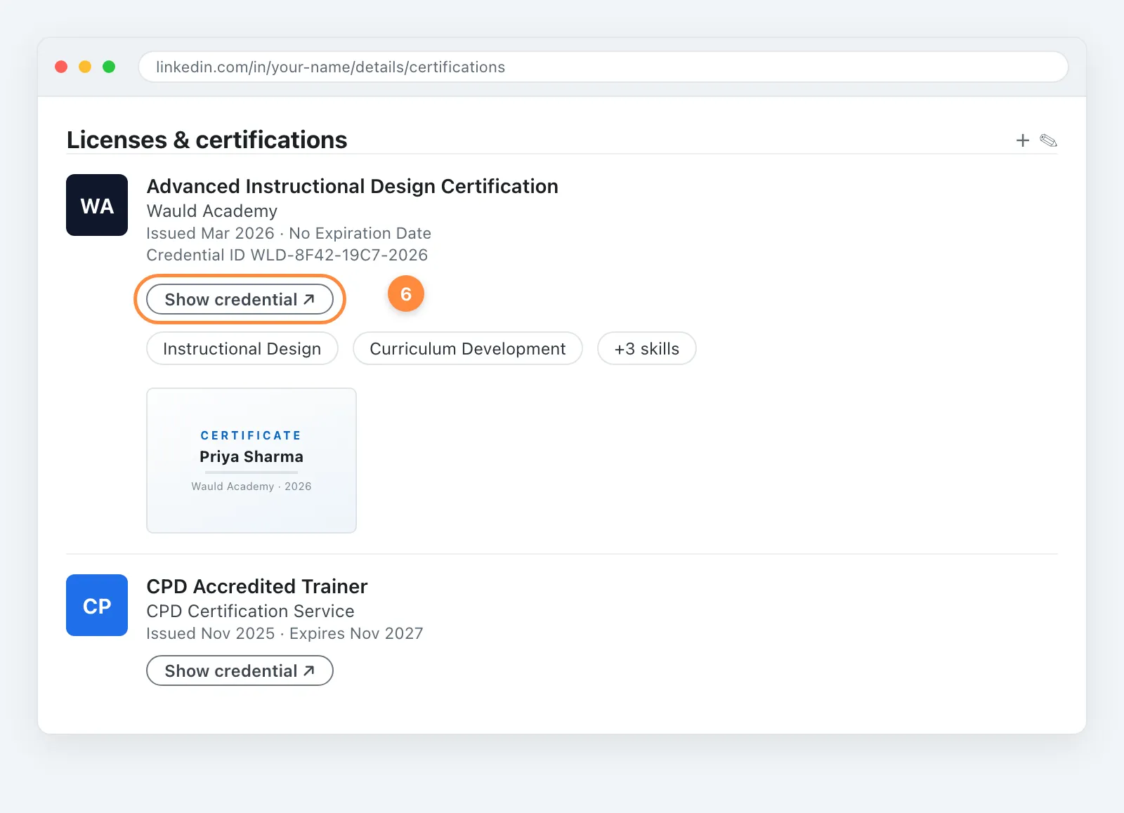 Finished LinkedIn Licenses and certifications section showing a certificate with a Show credential button, skills, and an attached certificate image
