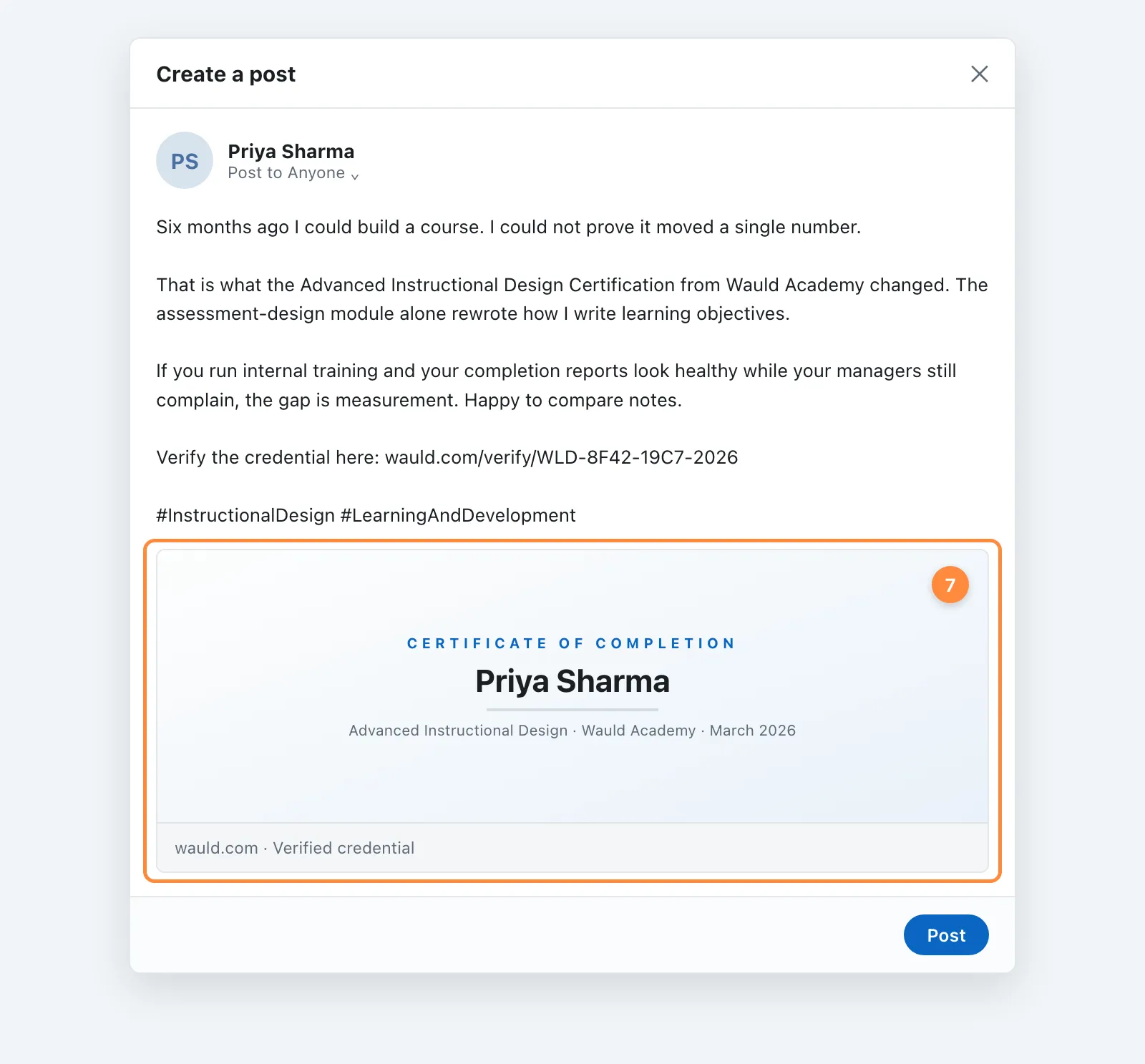 LinkedIn Create a post dialog with a certificate image attached and a caption explaining what the certification changed