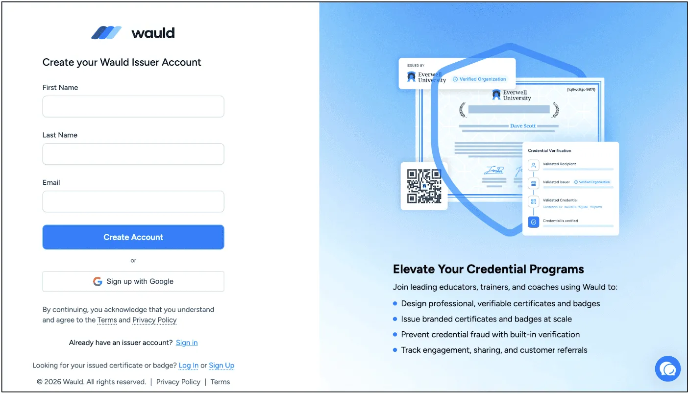 Account creation page for Wauld 