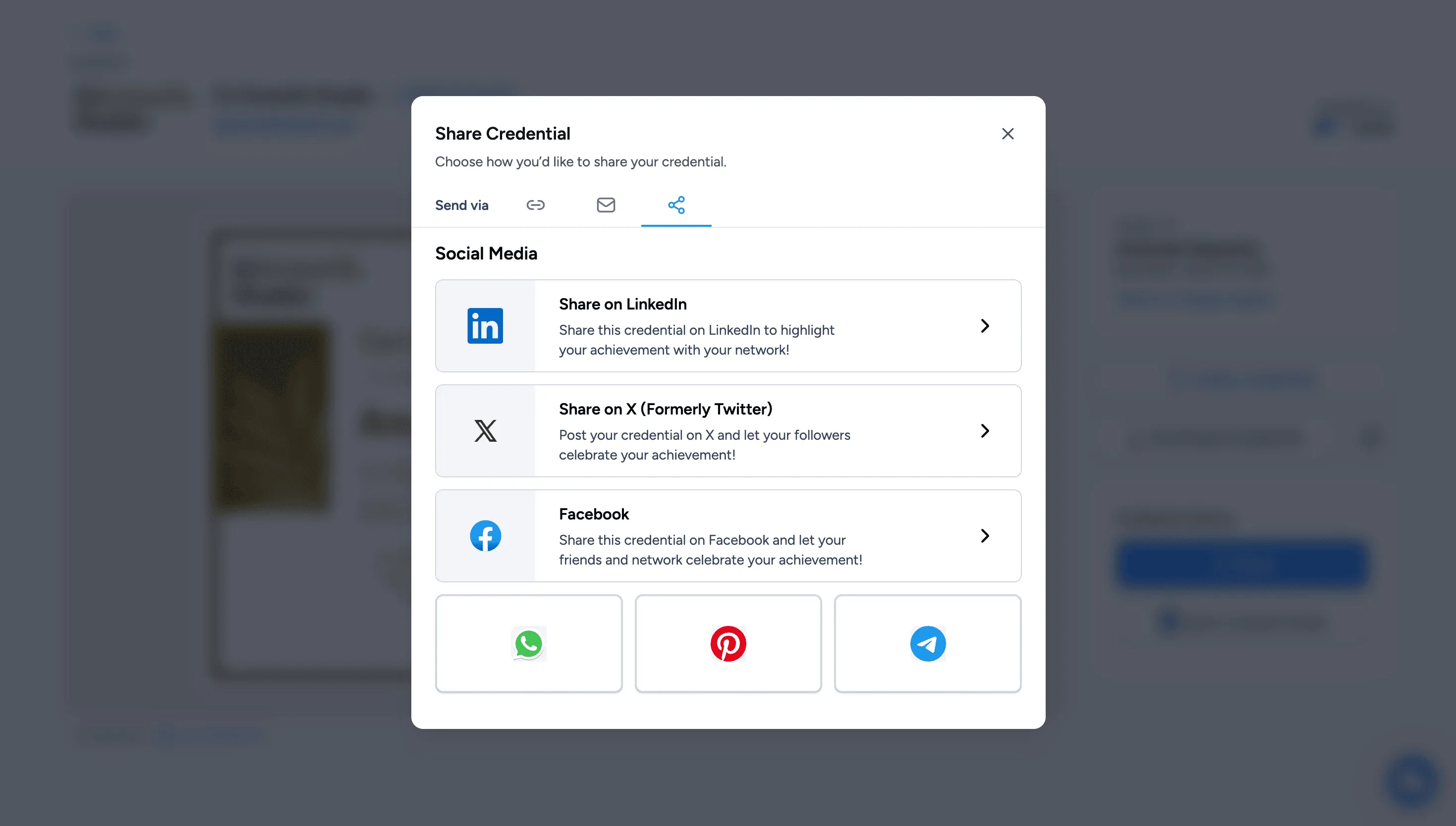 Wauld Share Credential window with options to share the credential on LinkedIn, X, Facebook and other channels