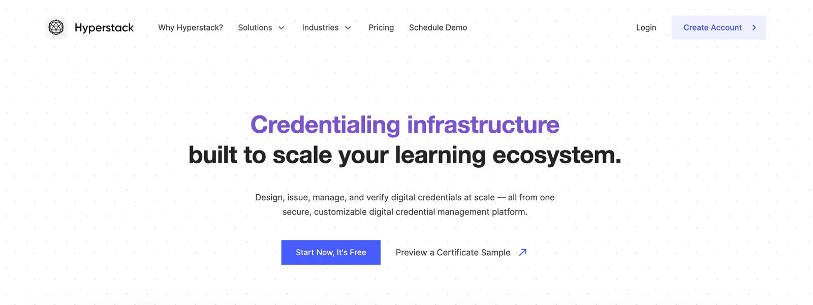 The Hyperstack homepage, describing credentialing infrastructure built to scale