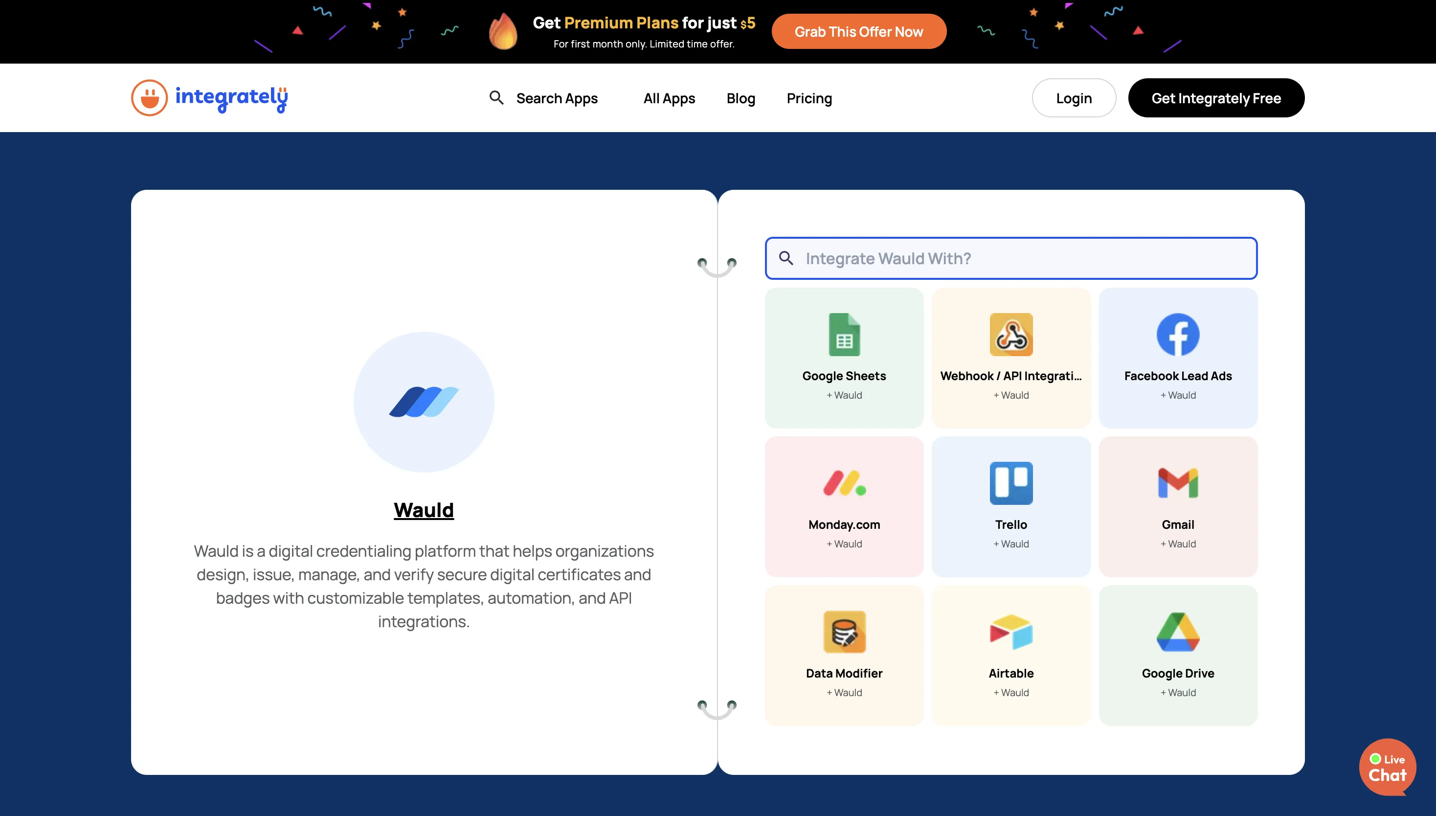 Wauld integration page on Integrately