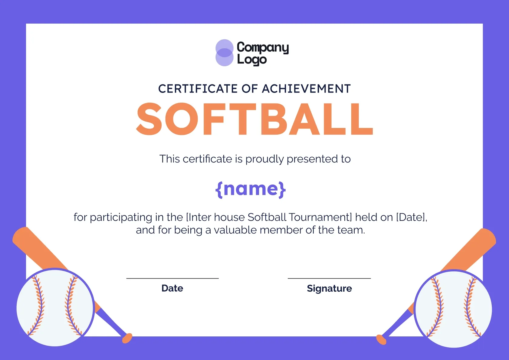 Lively softball achievement certificate template