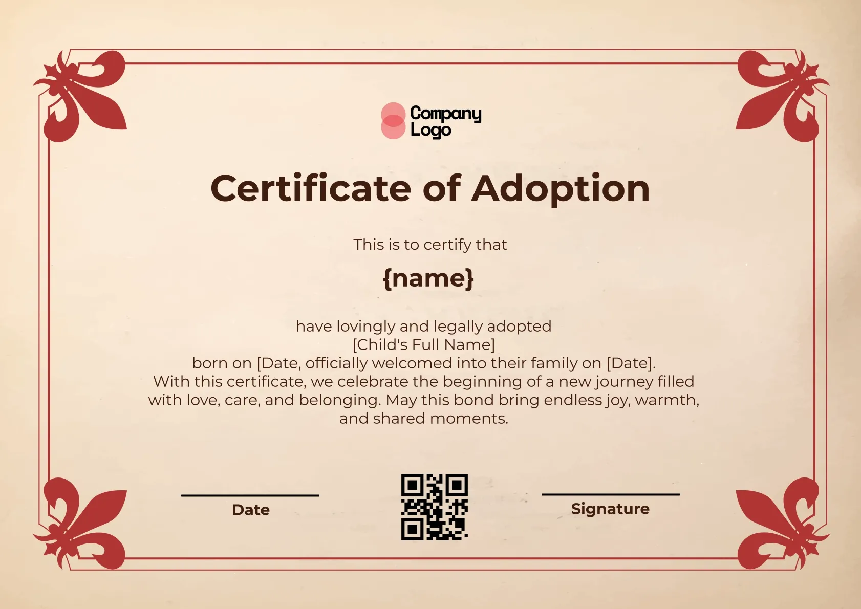 Loving Family Adoption Certificate Template
