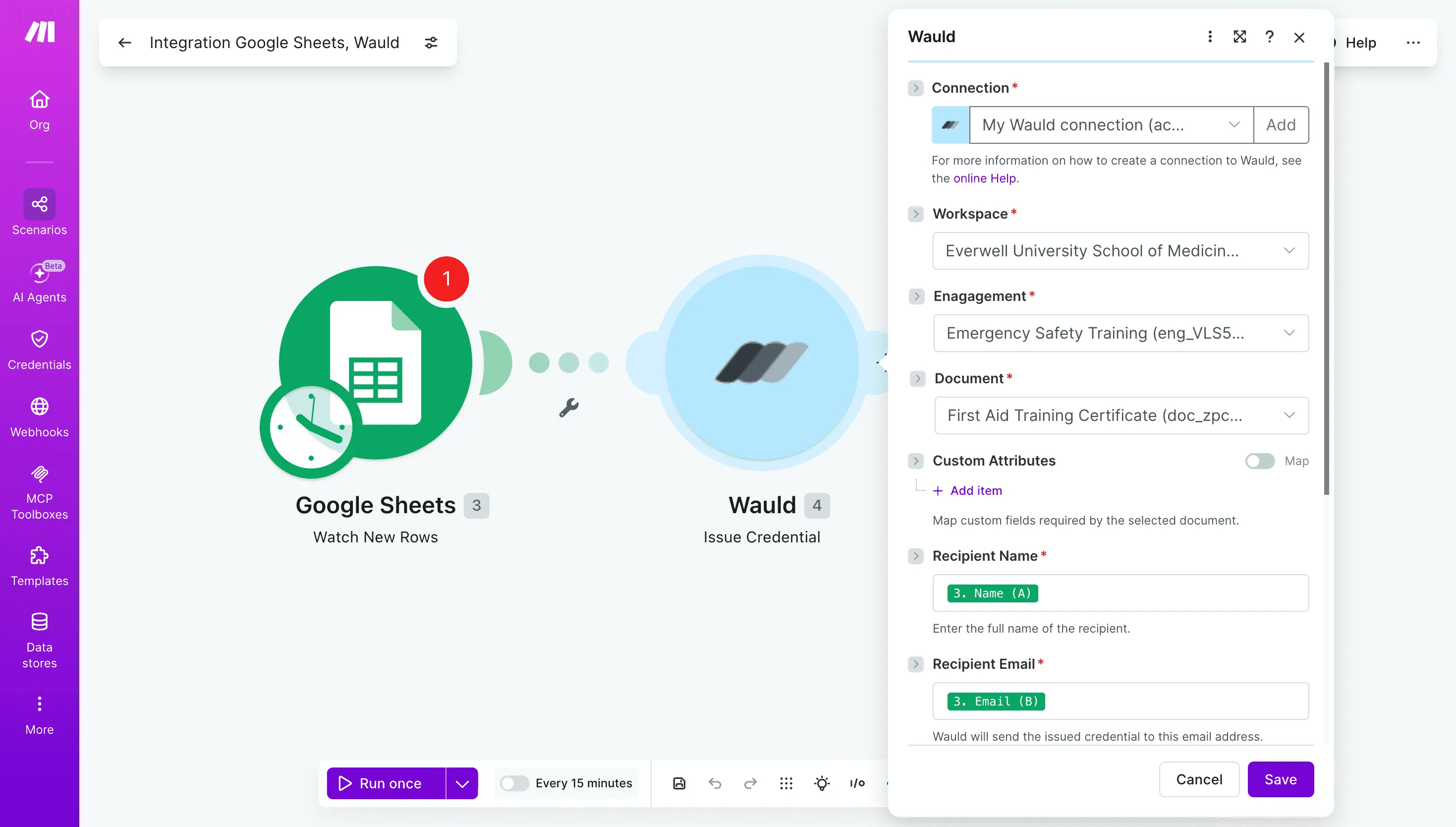 The Wauld Issue Credential module mapped to incoming fields inside a Make scenario