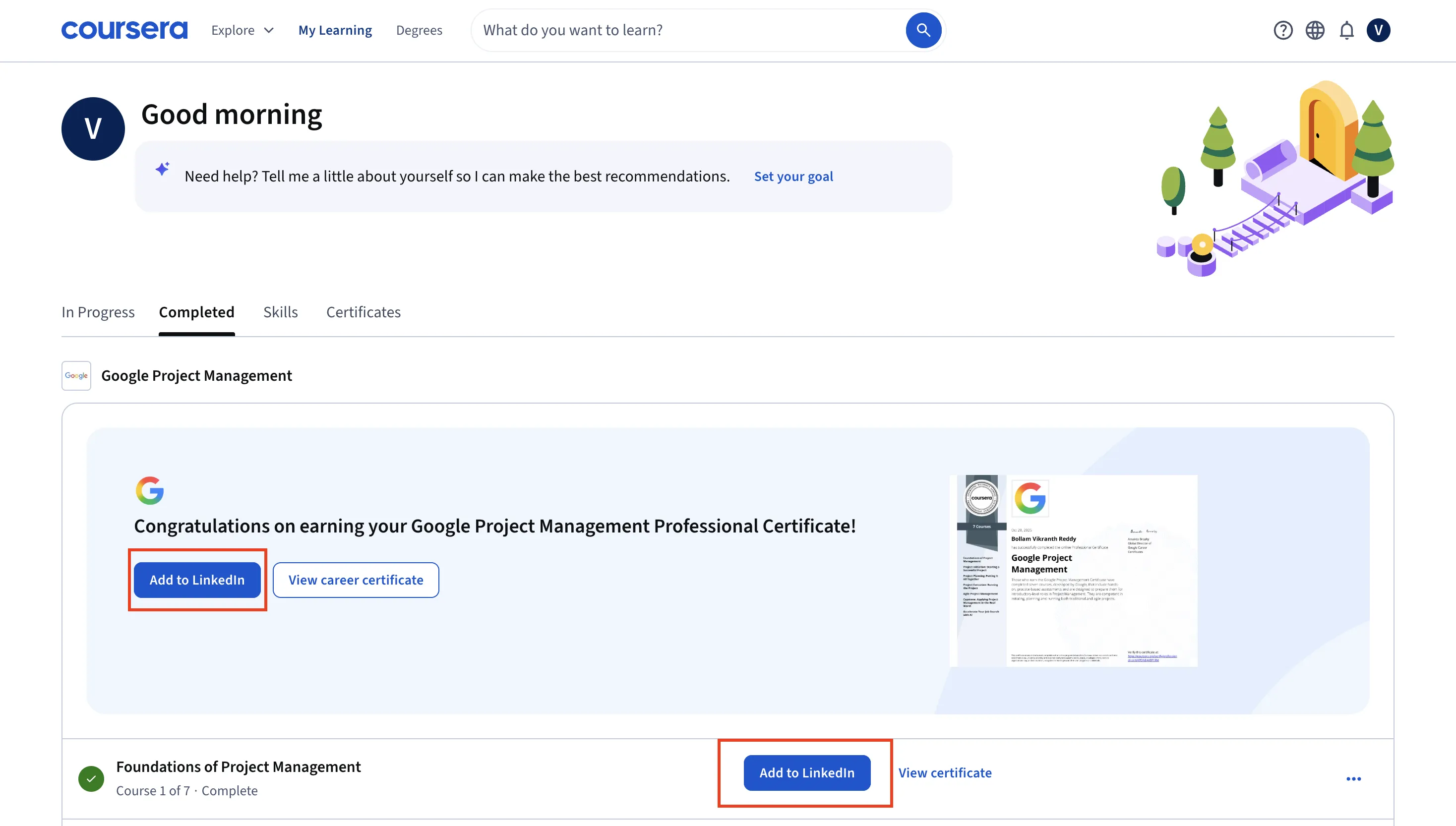 Coursera My Learning Certificates tab showing Add to LinkedIn button for a Google Project Management certificate