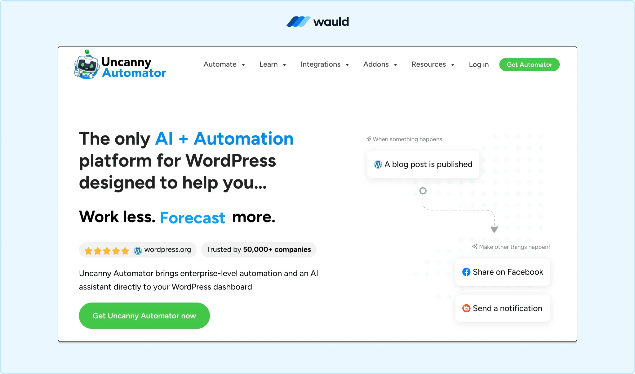 Screenshot of the Uncanny Automator dashboard in WordPress, illustrating a no-code automation workflow used to connect Tutor LMS with Wauld for automated credential issuance.
