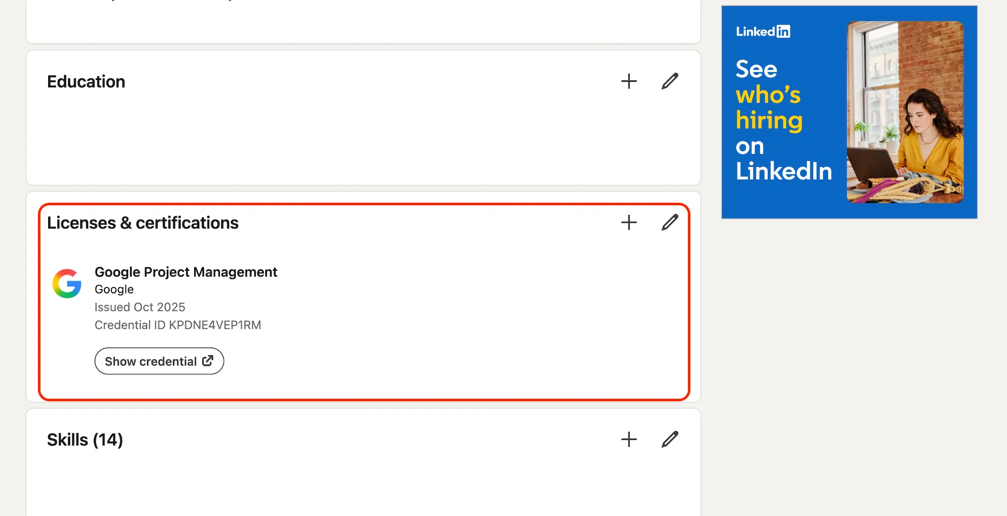 LinkedIn profile showing the Google Project Management certificate displayed under Licenses & certifications with a Show credential link